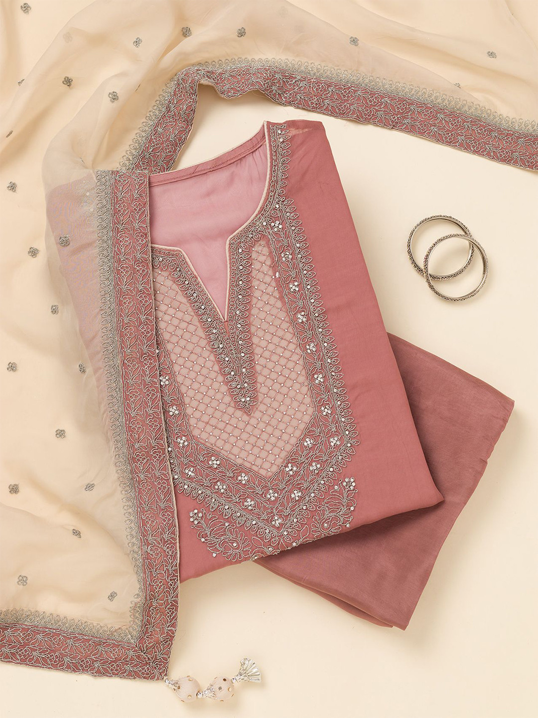 

Koskii Ethnic Motifs Embroidered Sequinned Unstitched Dress Material, Pink