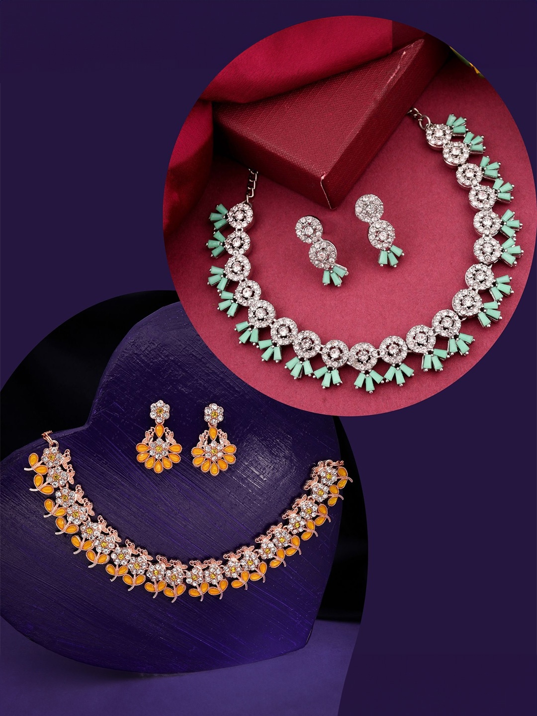 

DIVASTRI Set Of 2 Rose Gold & Silver-Plated American Diamonds Studded Jewellery Set