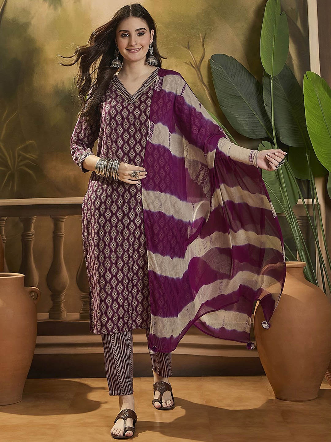 

Sangria Printed V Neck Straight Kurta Set With Dupatta, Purple