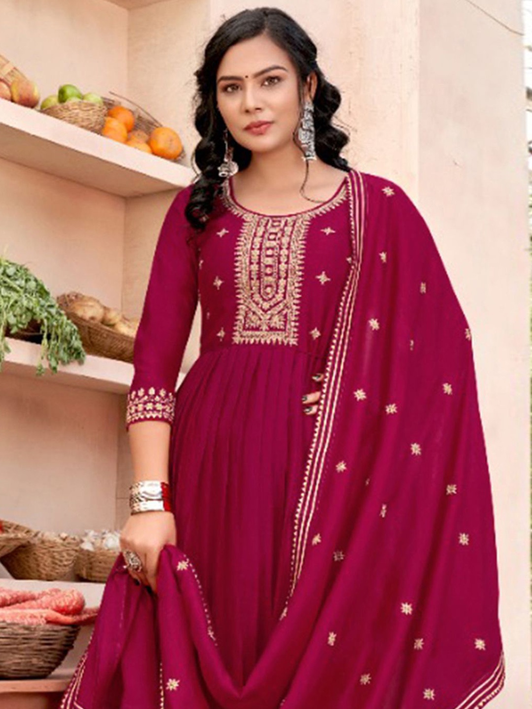 

Sangria Sequence Zari Embroidered Round Neck A-Line Kurta & Trousers With Dupatta, Pink