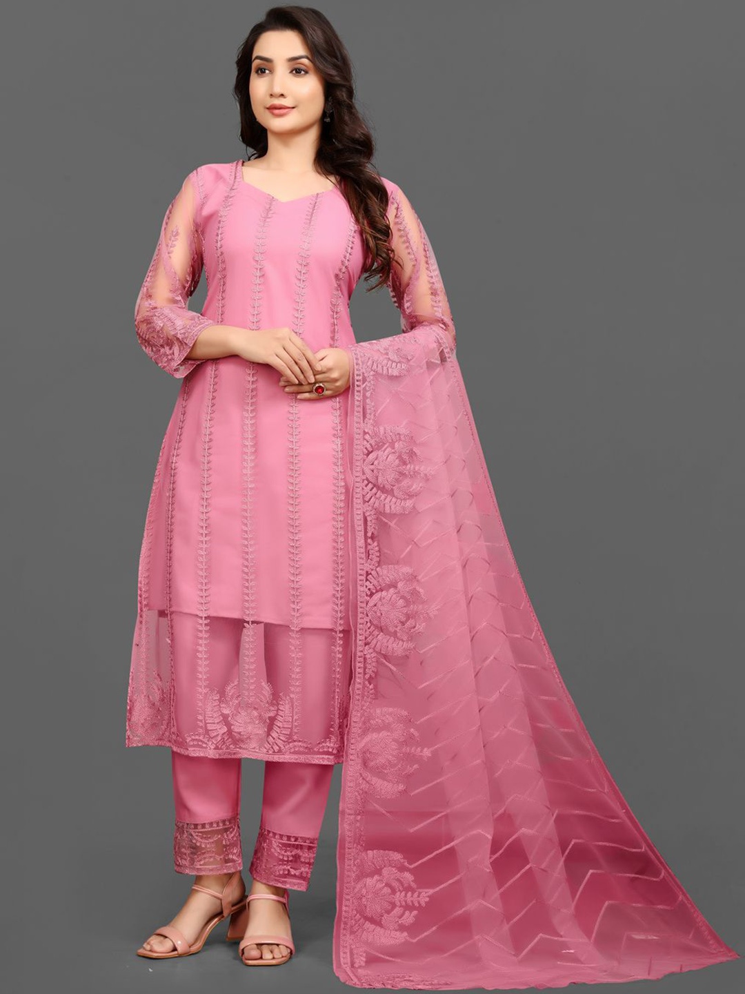 

Bought First Floral Embroidered A-Line Thread Work Kurtia With Pyjamas And Dupatta, Pink