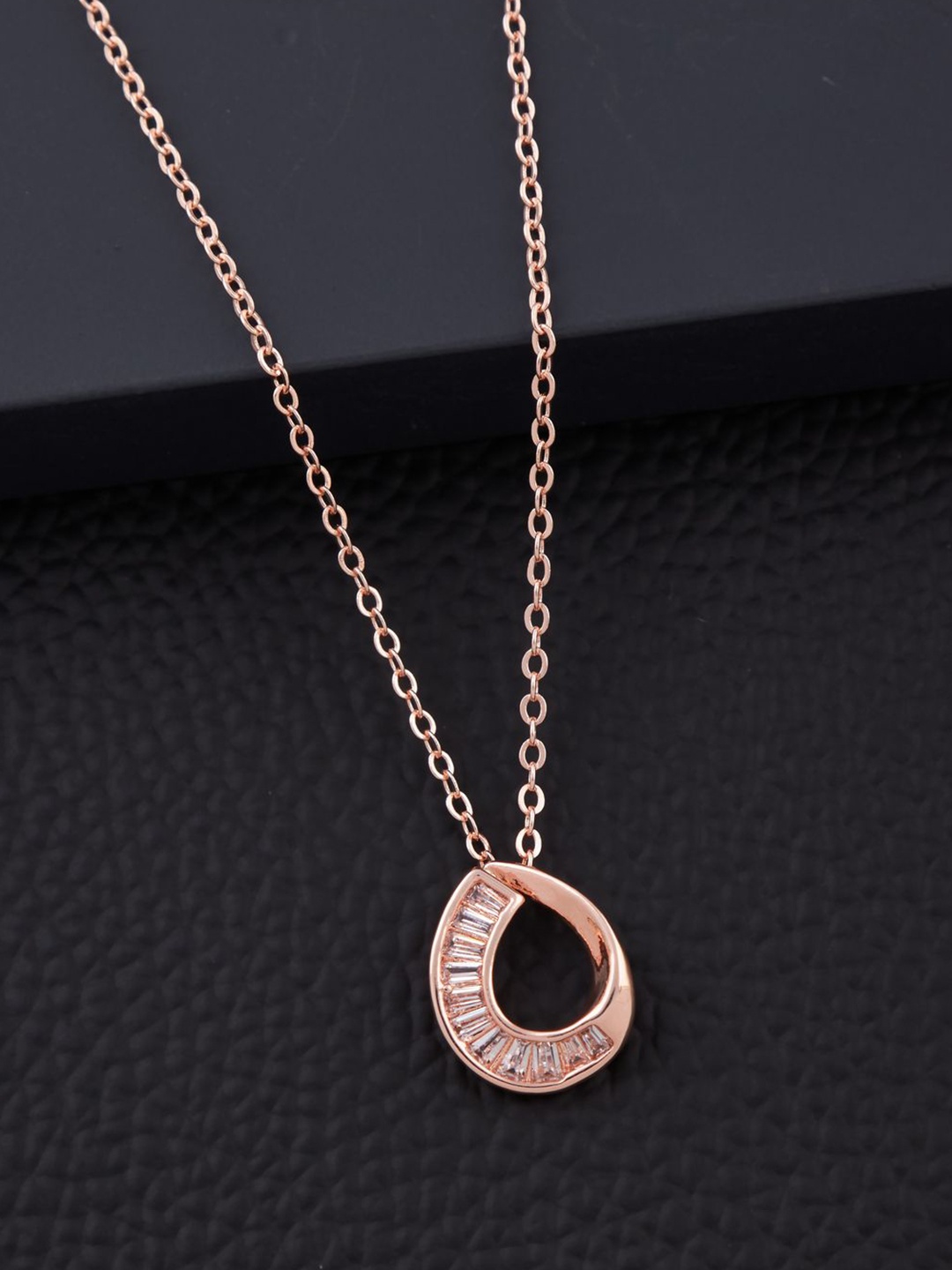 

SOLIBELLE Rose Gold-Plated Artificial Stones-Studded Oval Shaped Pendants With Chains