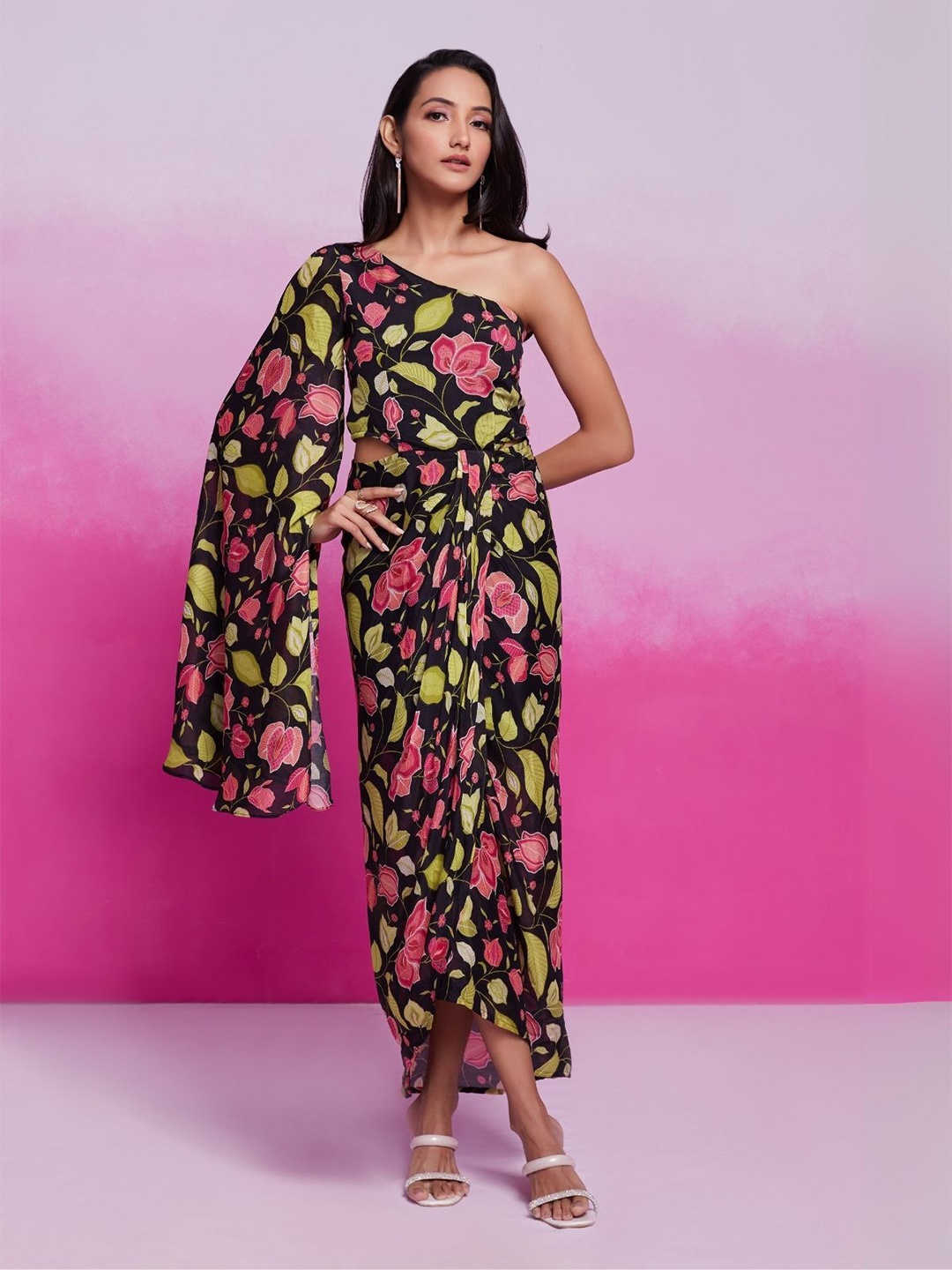 

ODETTE Women Silk Blend Printed Stitched Jumpsuit, Black