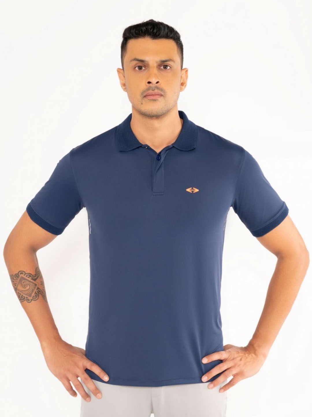 

STRCH Men Polo Collar Anti Odour Applique T-shirt, Navy blue