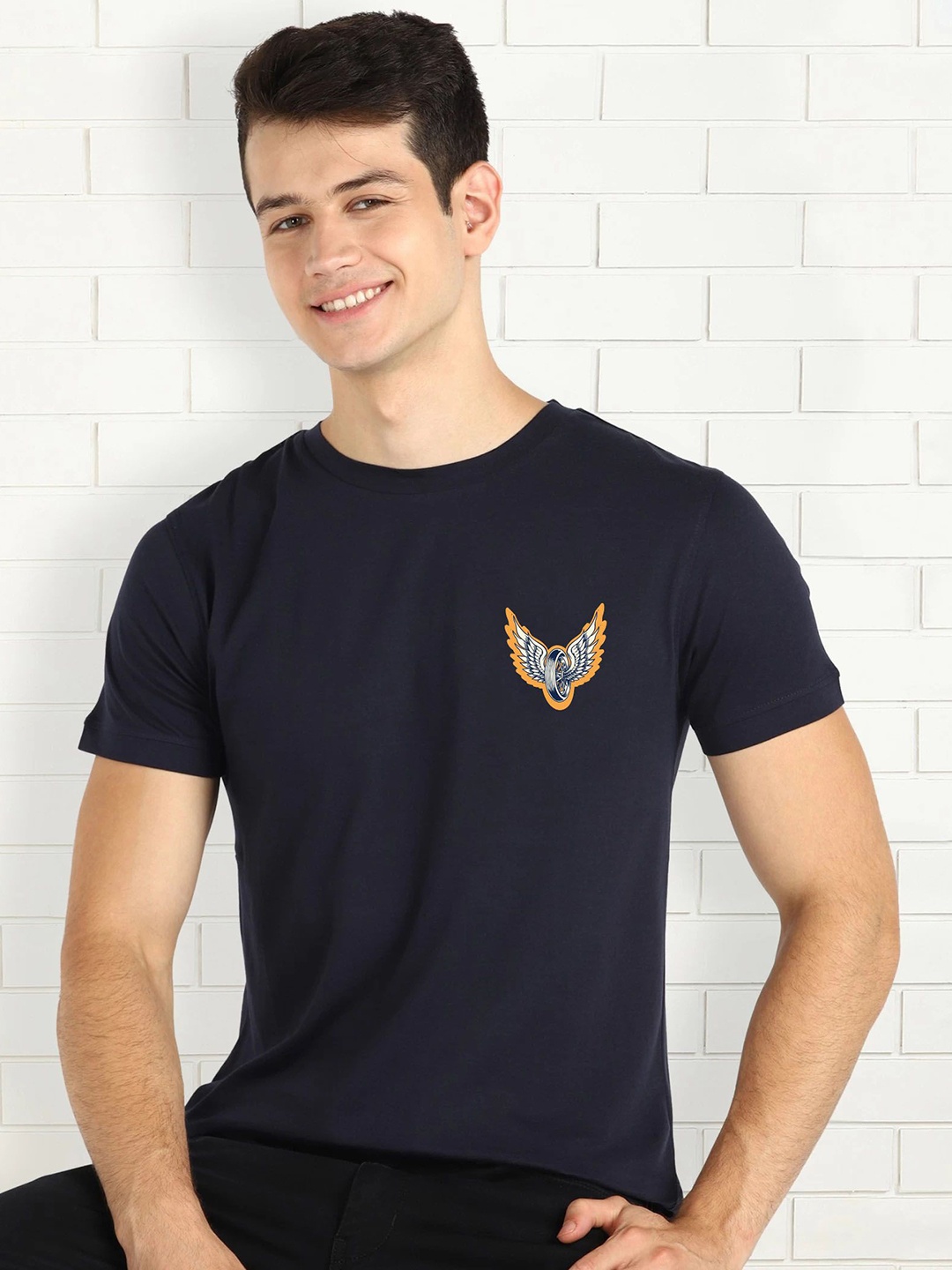 

Moda Rapido Men Graphic Printed Round Neck Cotton Slim Fit T-shirt, Navy blue