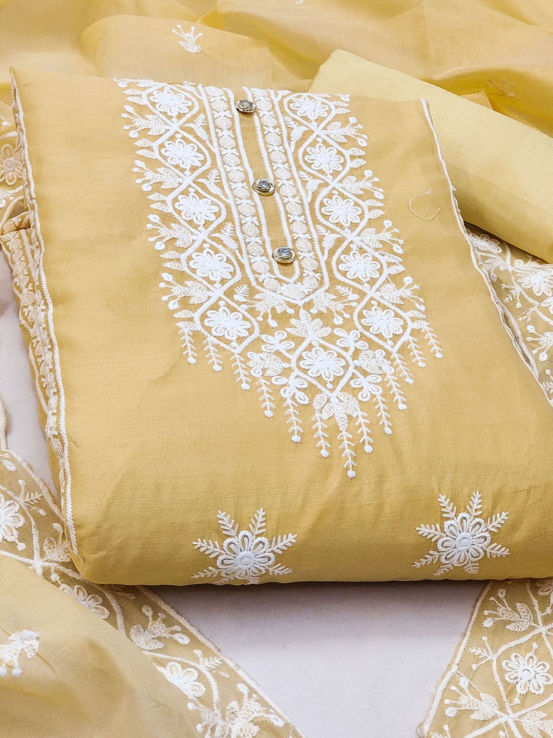 

SAINOOR Floral Zari Embroidered Chanderi Cotton Unstitched Dress Material, Yellow