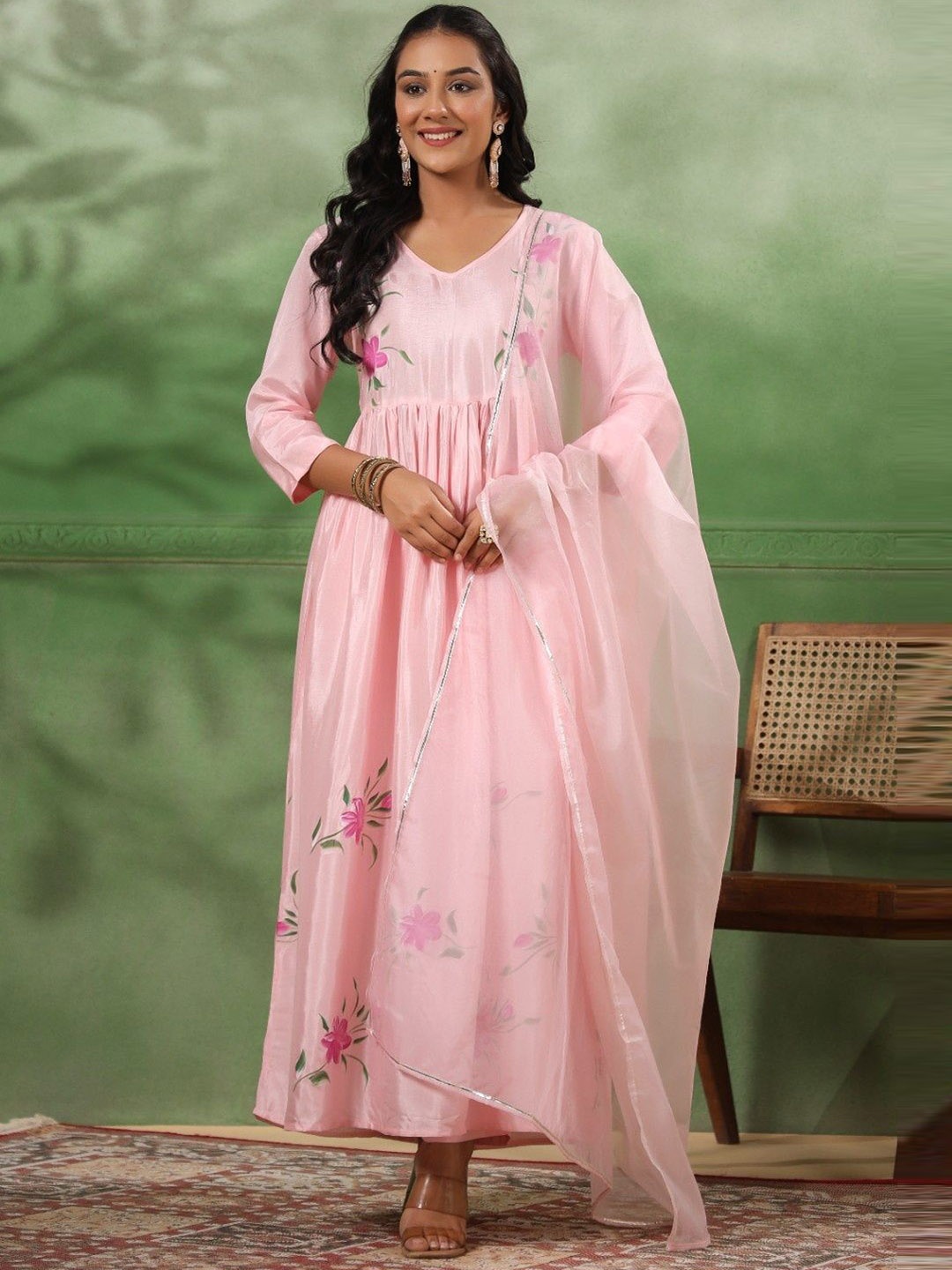 

mirari Floral Printed V-Neck Pure Cotton Pleated A-Line Kurta With Trousers & Dupatta, Pink