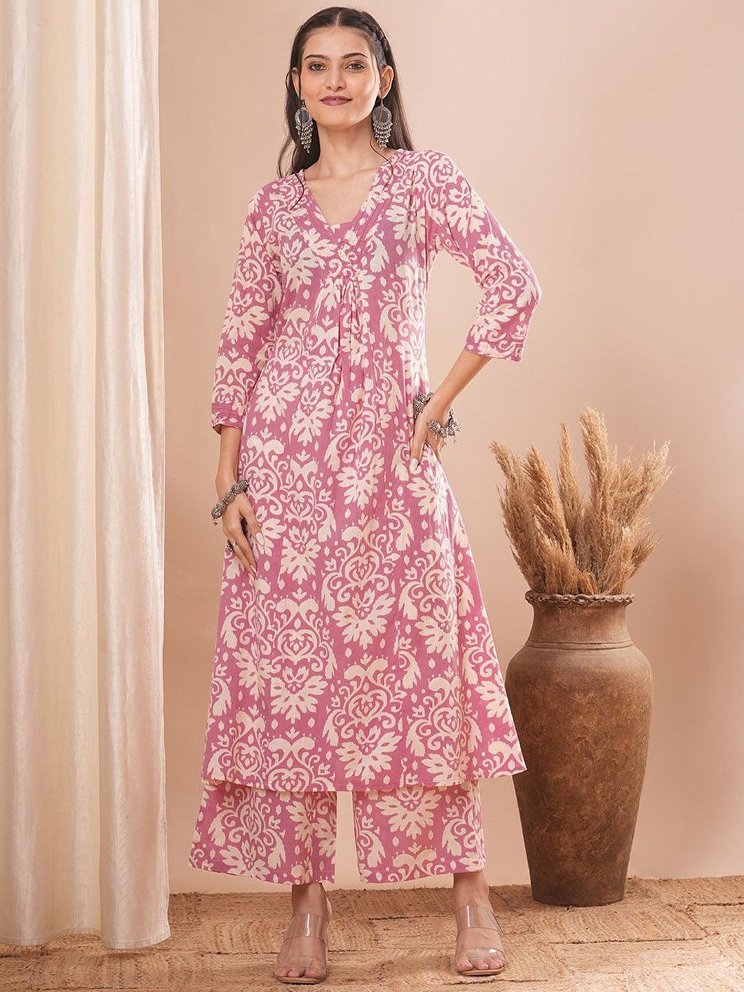 

FASHOR Abstract Floral Printed A-Line Paneled Tunic With Trouser Co-Ords, Pink