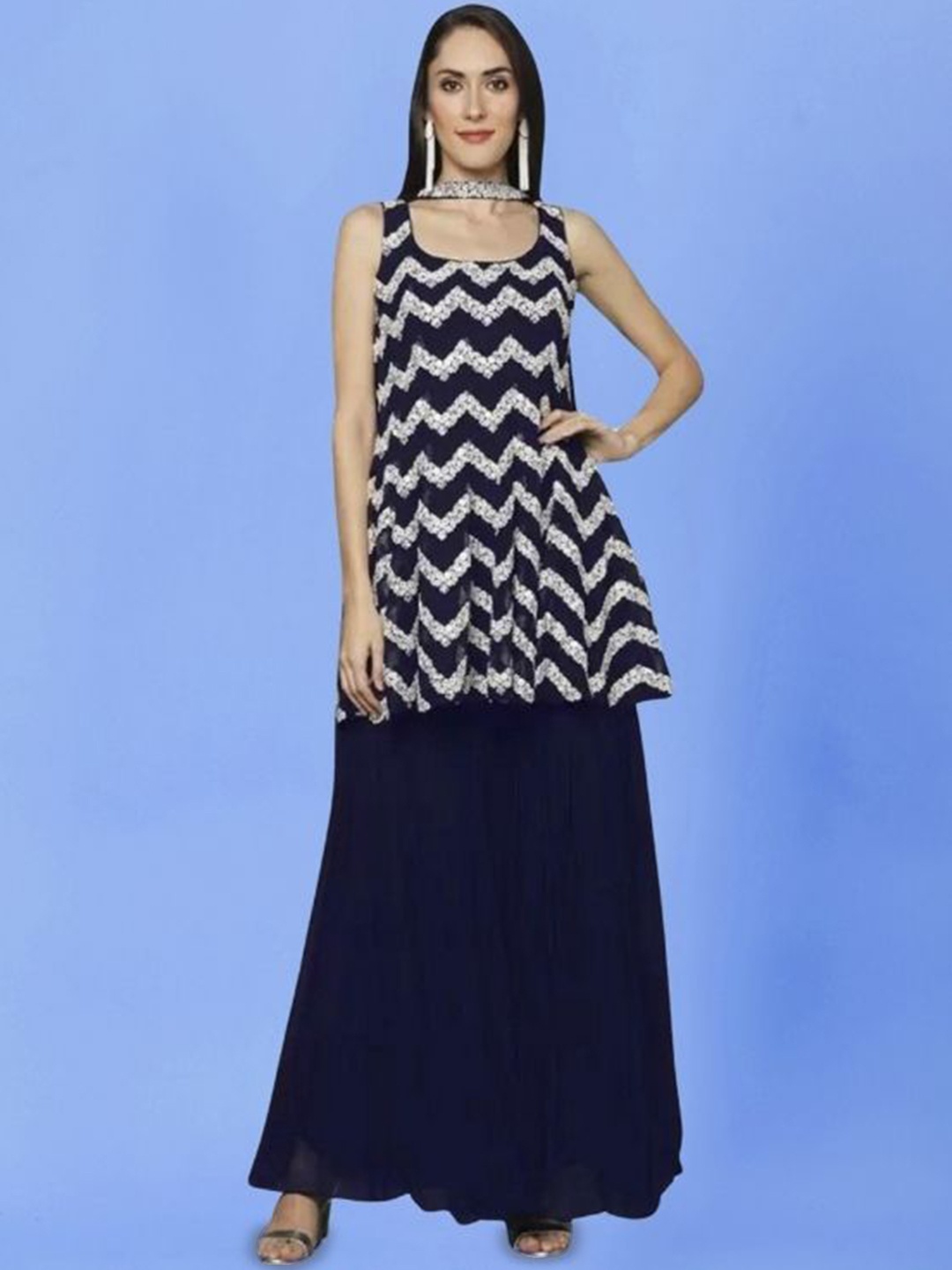 

PARROT CREATION Embroidered Straight Sequinned Kurti With Sharara And Dupatta, Navy blue