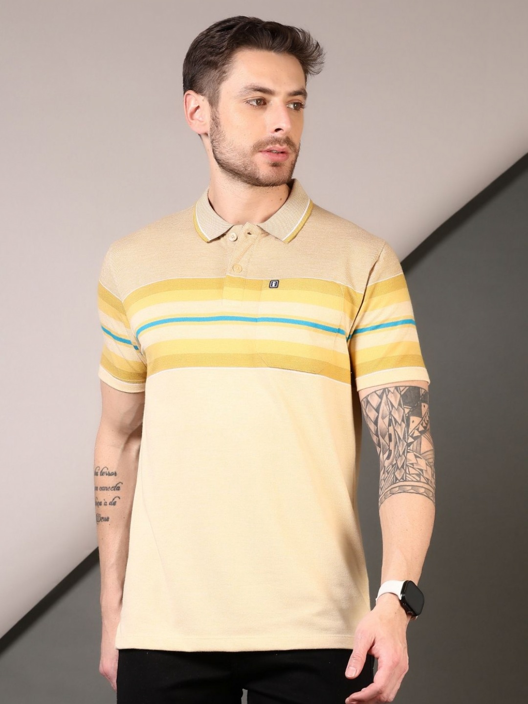

V-Mart Men Striped Polo Collar Cotton T-shirt, Mustard
