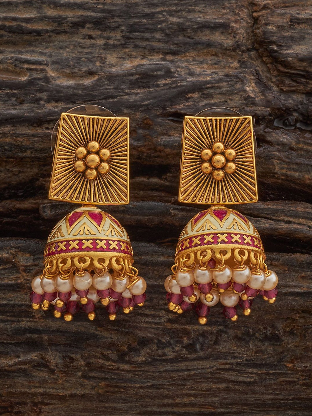 

Kushal's Fashion Jewellery Gold-Plated Dome Shaped Artificial Beaded Antique Jhumkas