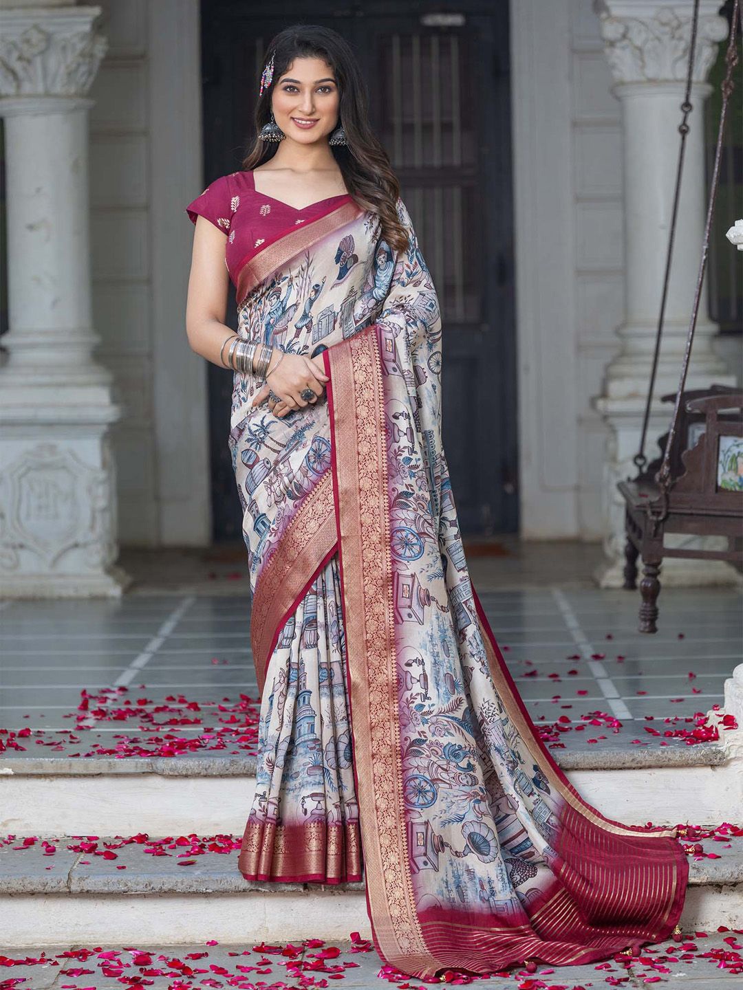 

Anouk Kalamkari Zari Pochampally Saree, Beige