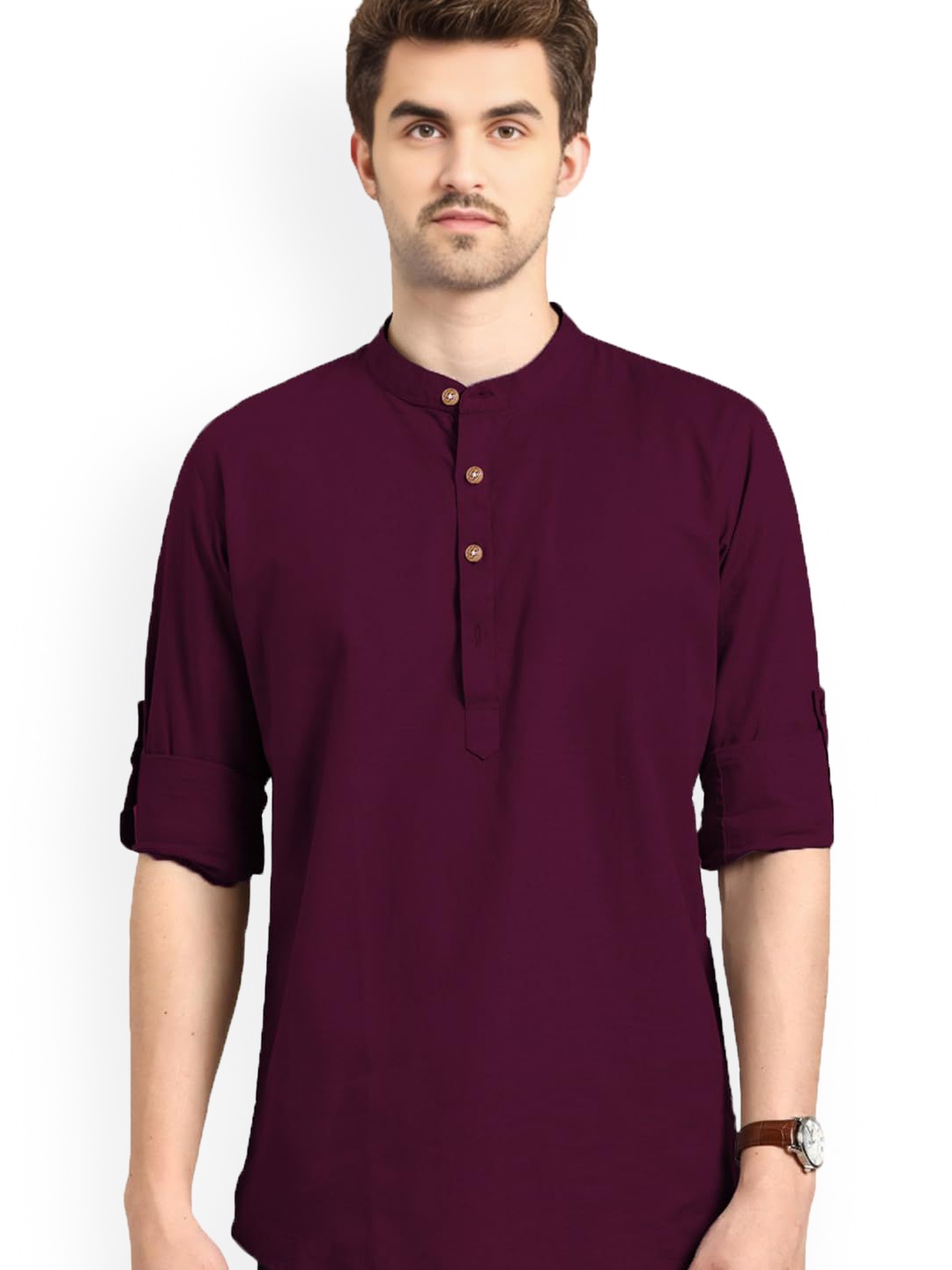 

Vida Loca Band Collar Cotton Slim Fit Straight Short Kurta, Purple