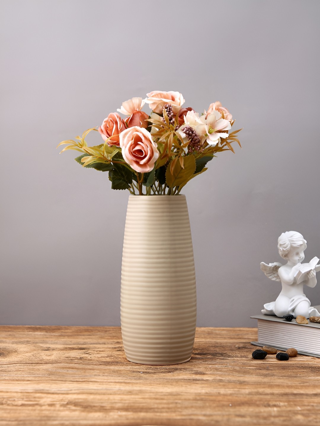 

TAYHAA Peach And Green 2 Pieces Rose Artificial Flowers With Pot