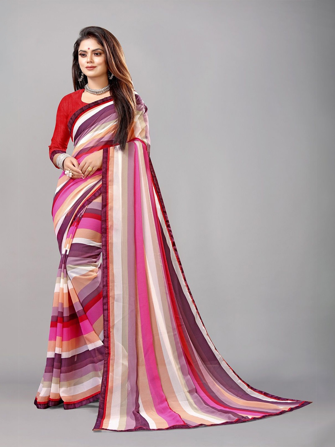 

Moda Rapido Striped Pure Georgette Saree, Red