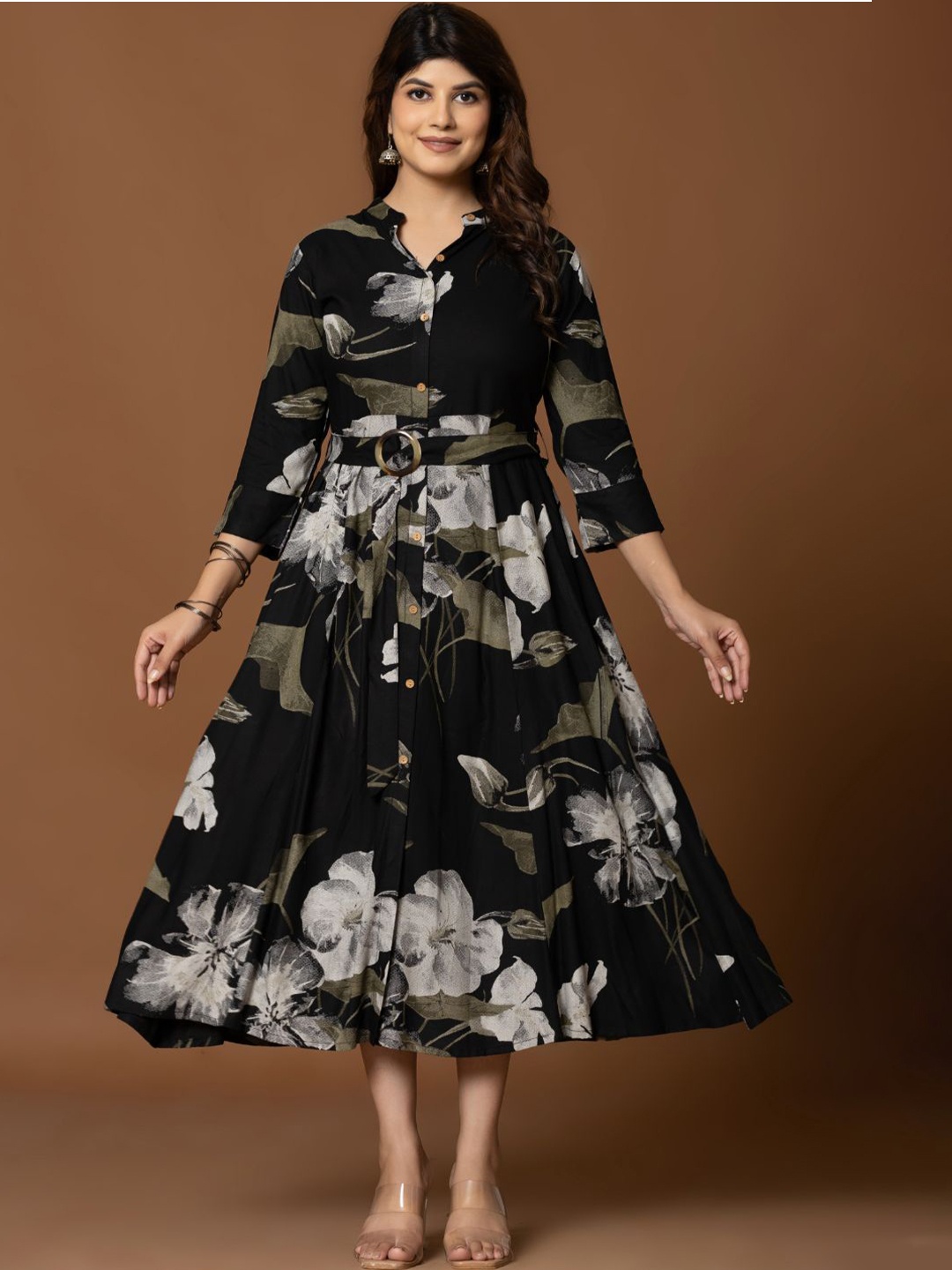 

ANUSHEET Print Fit & Flare Midi Dress, Black