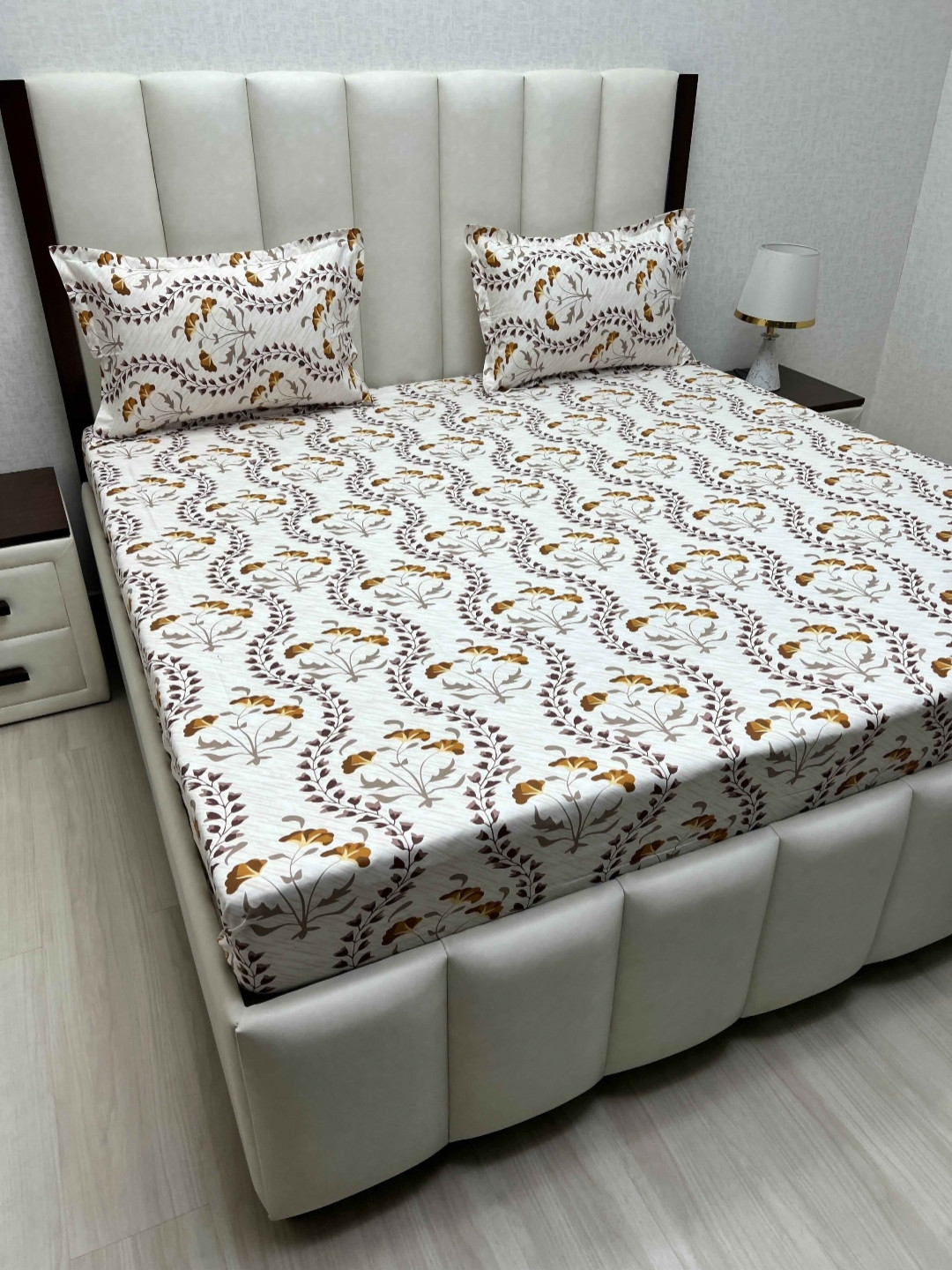

Pure Decor White & Brown Floral 330 TC King Bedsheet with 2 Pillow Covers