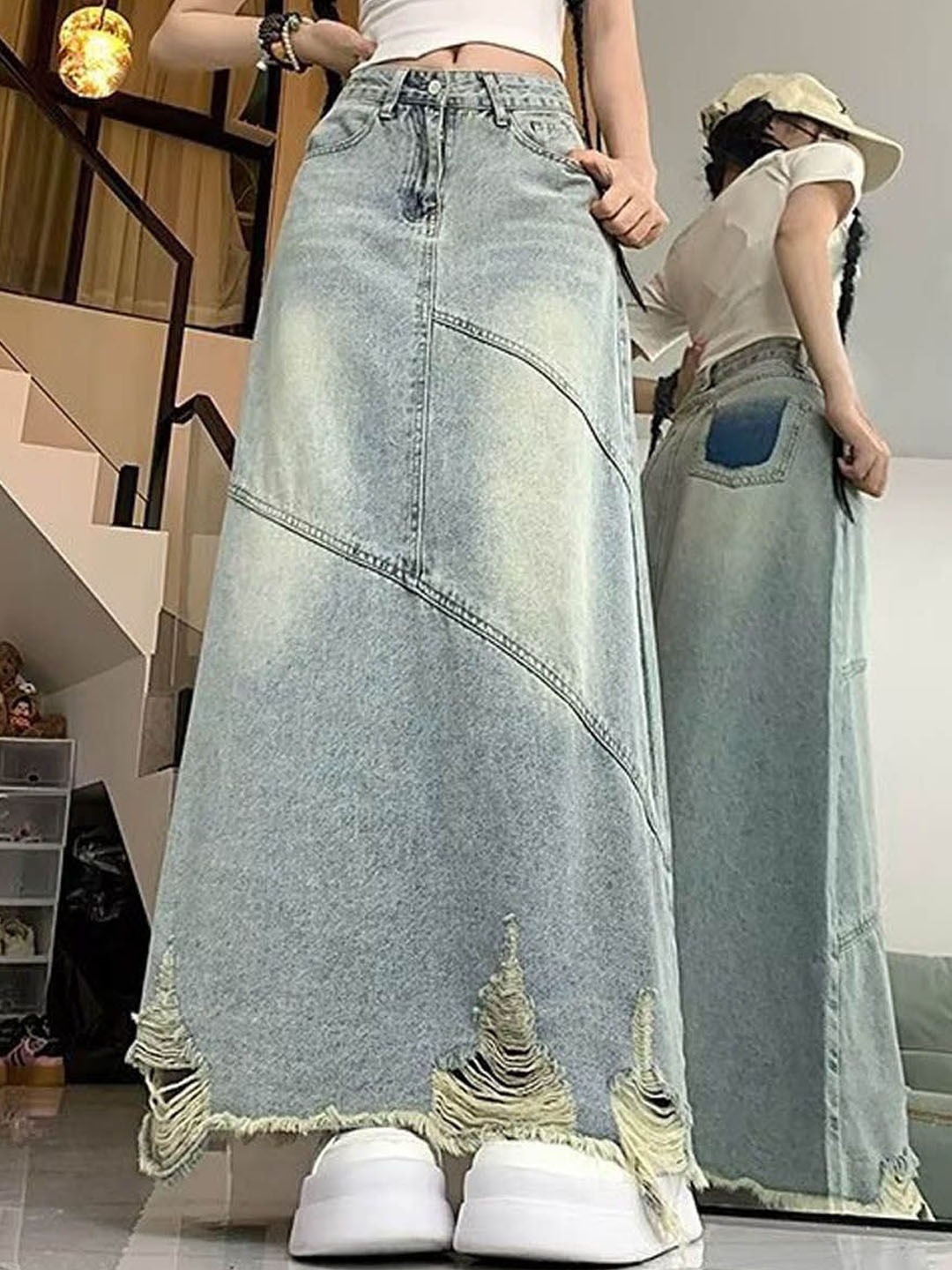 

StyleCast Flared Distressed Maxi Denim Skirts, Blue
