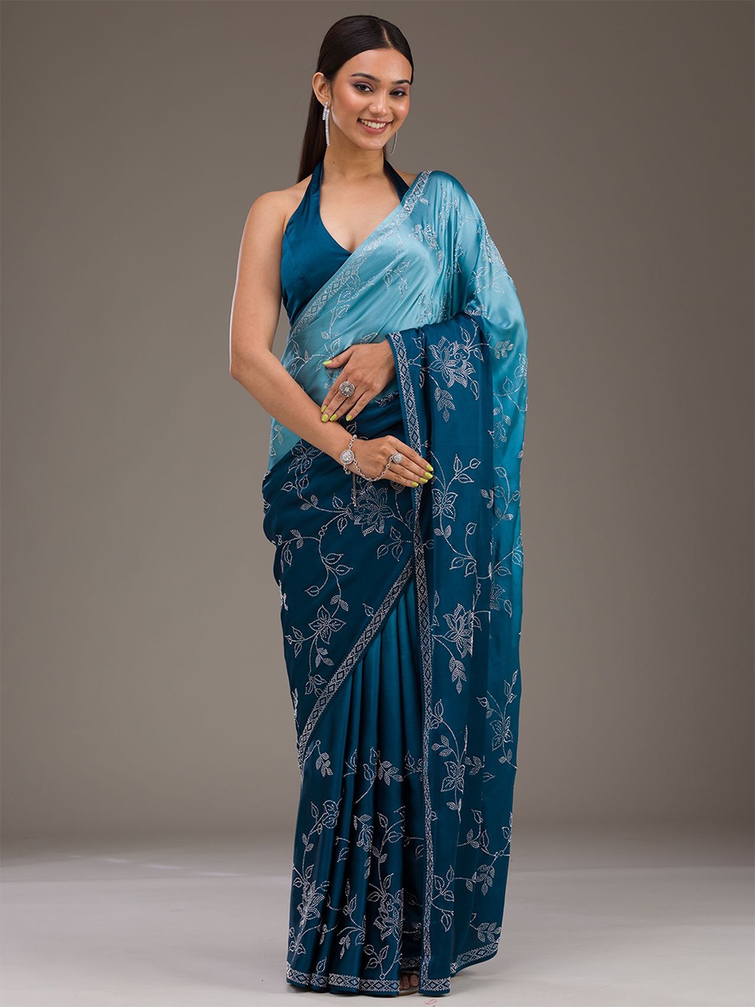 

Koskii Turquoise Blue Stonework Satin Saree