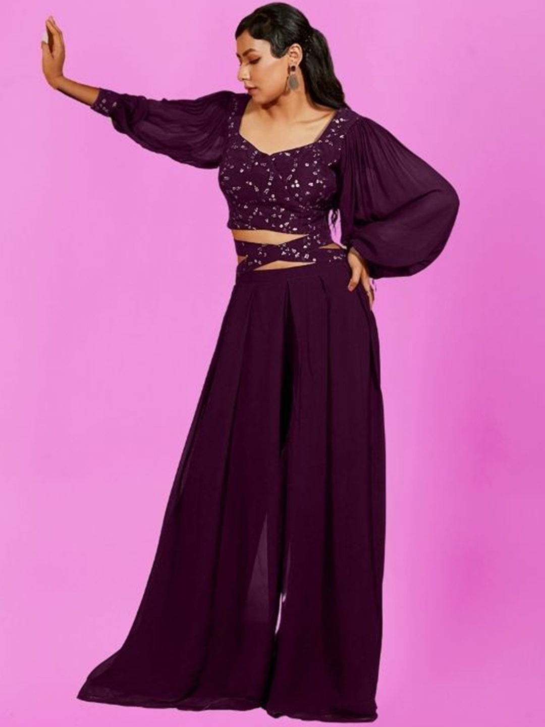 

PARROT CREATION Floral Embroidered Sweetheart Neck Crop Top With Palazzo, Burgundy