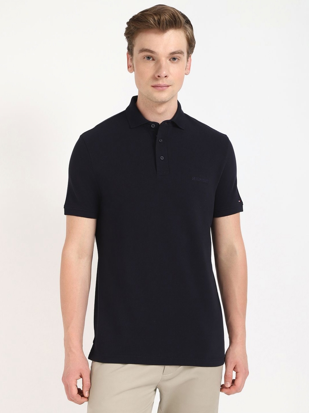 

Tommy Hilfiger Men Solid Polo Collar Cotton T-shirt, Navy blue