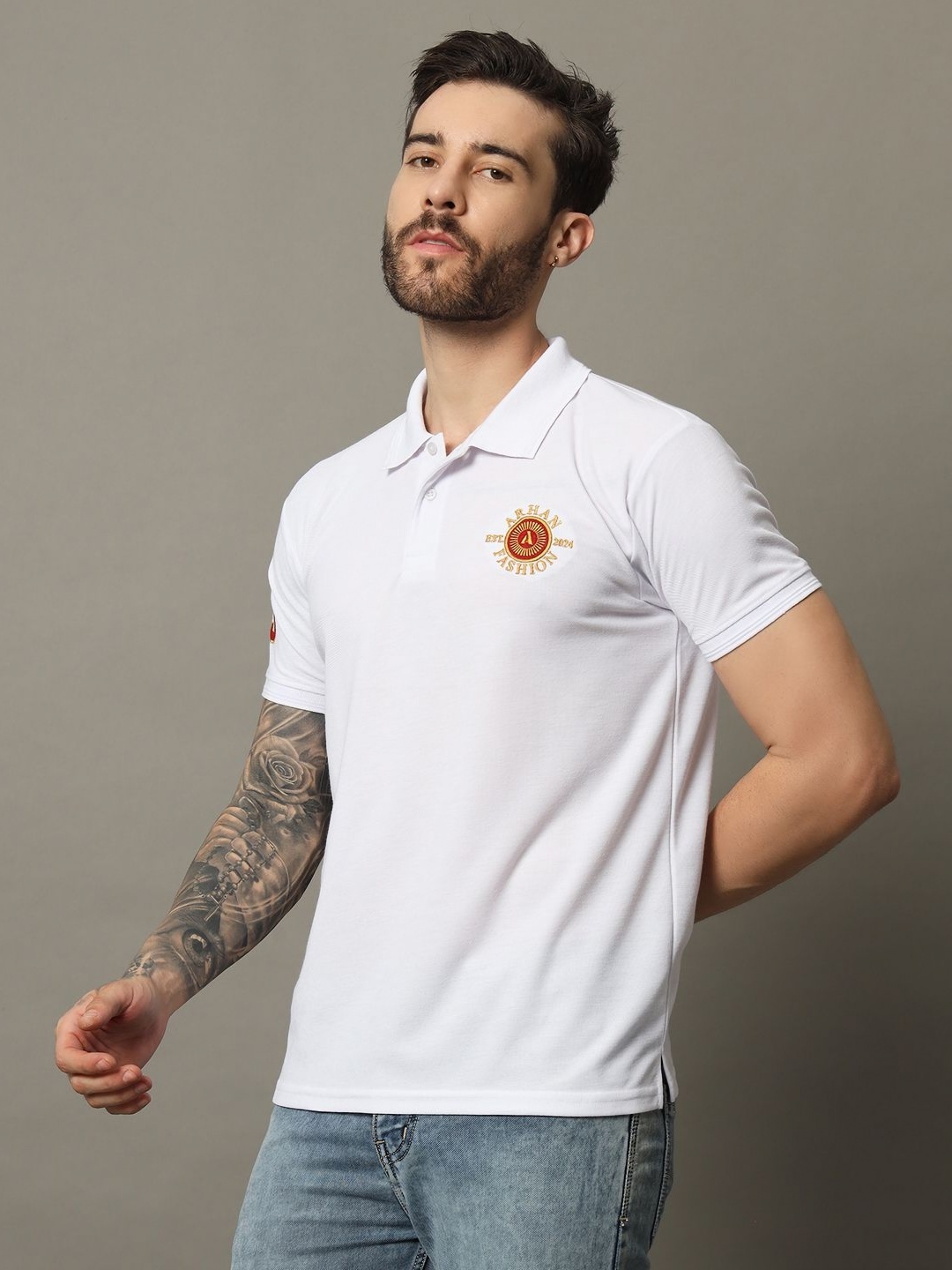 

R.ARHAN PREMIUM Men Solid Polo Collar Cotton T-shirt, White
