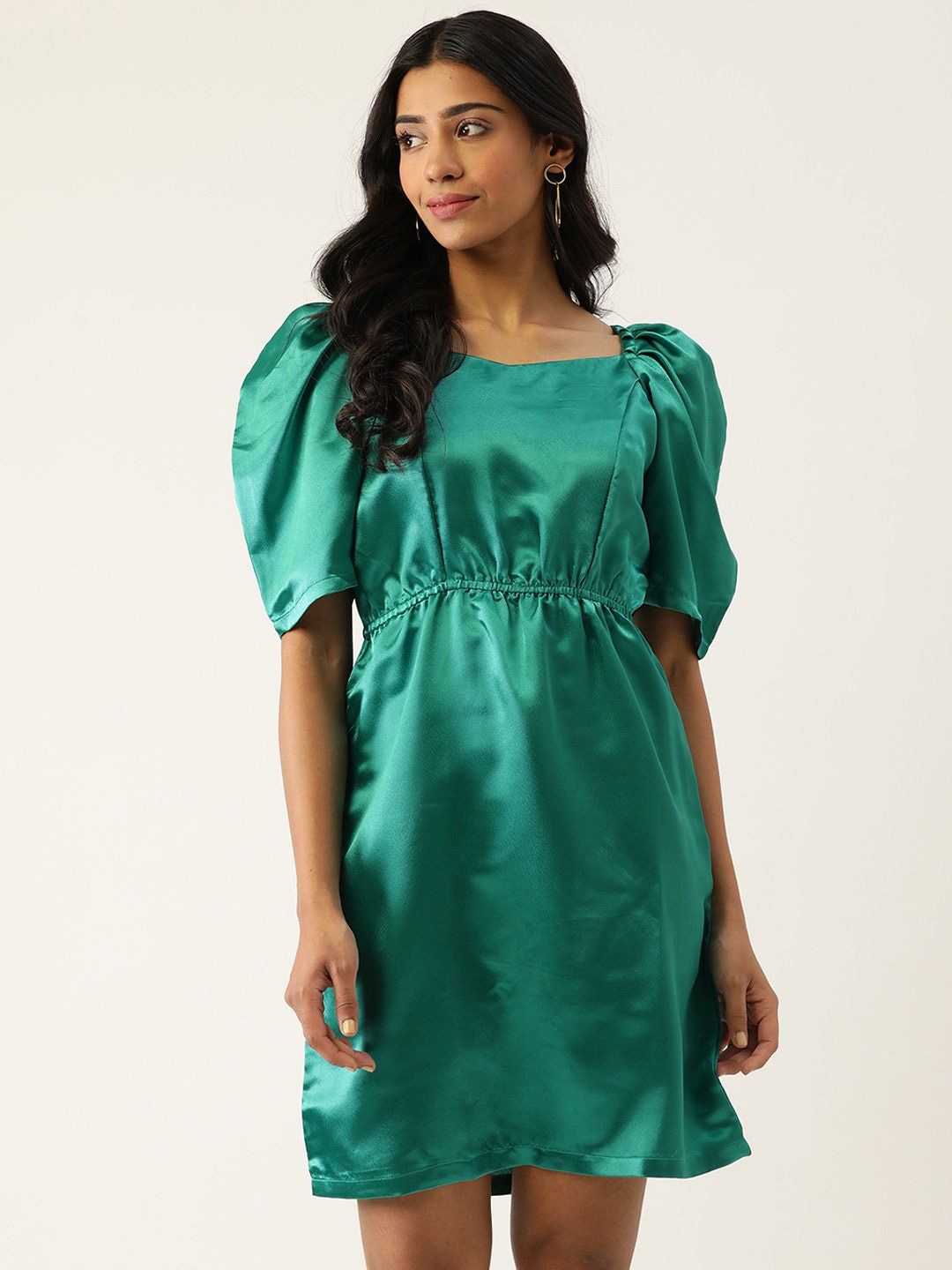 

Moda Rapido Women Solid Sweertheart Neck Flared Sleeve A-Line Dress, Green