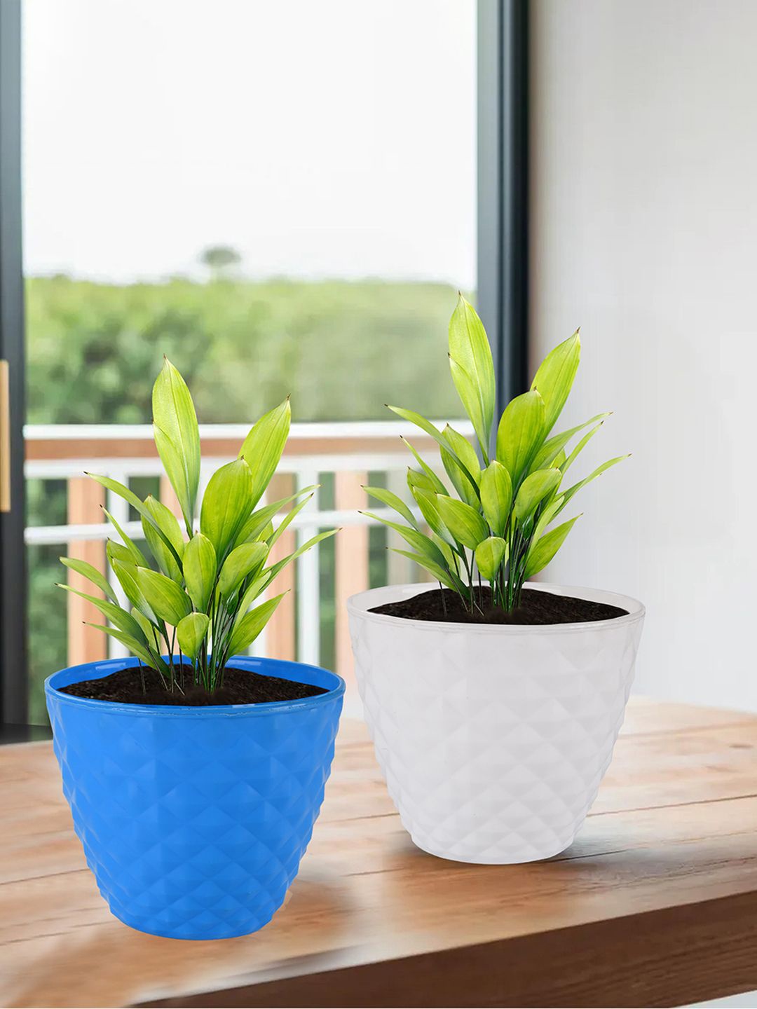 

Kuber Industries White & Blue 2 Pieces Textured Durable Planters
