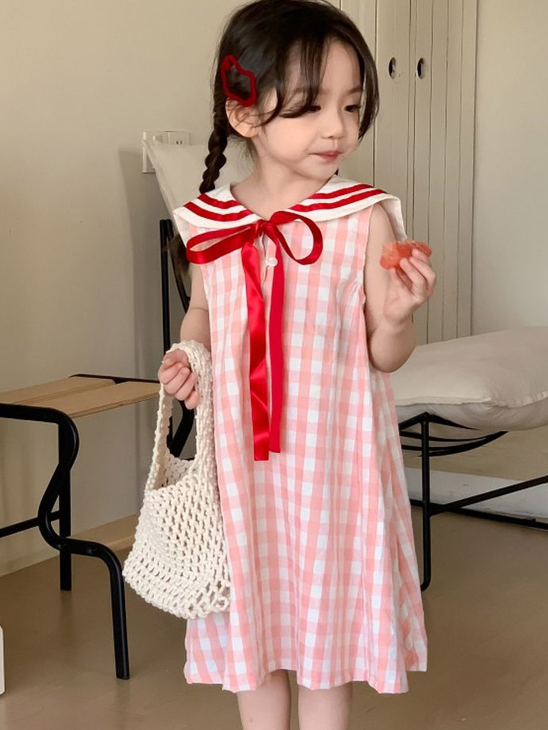 

LULU & SKY Checked Peter Pan Collar A-Line Dress, Pink