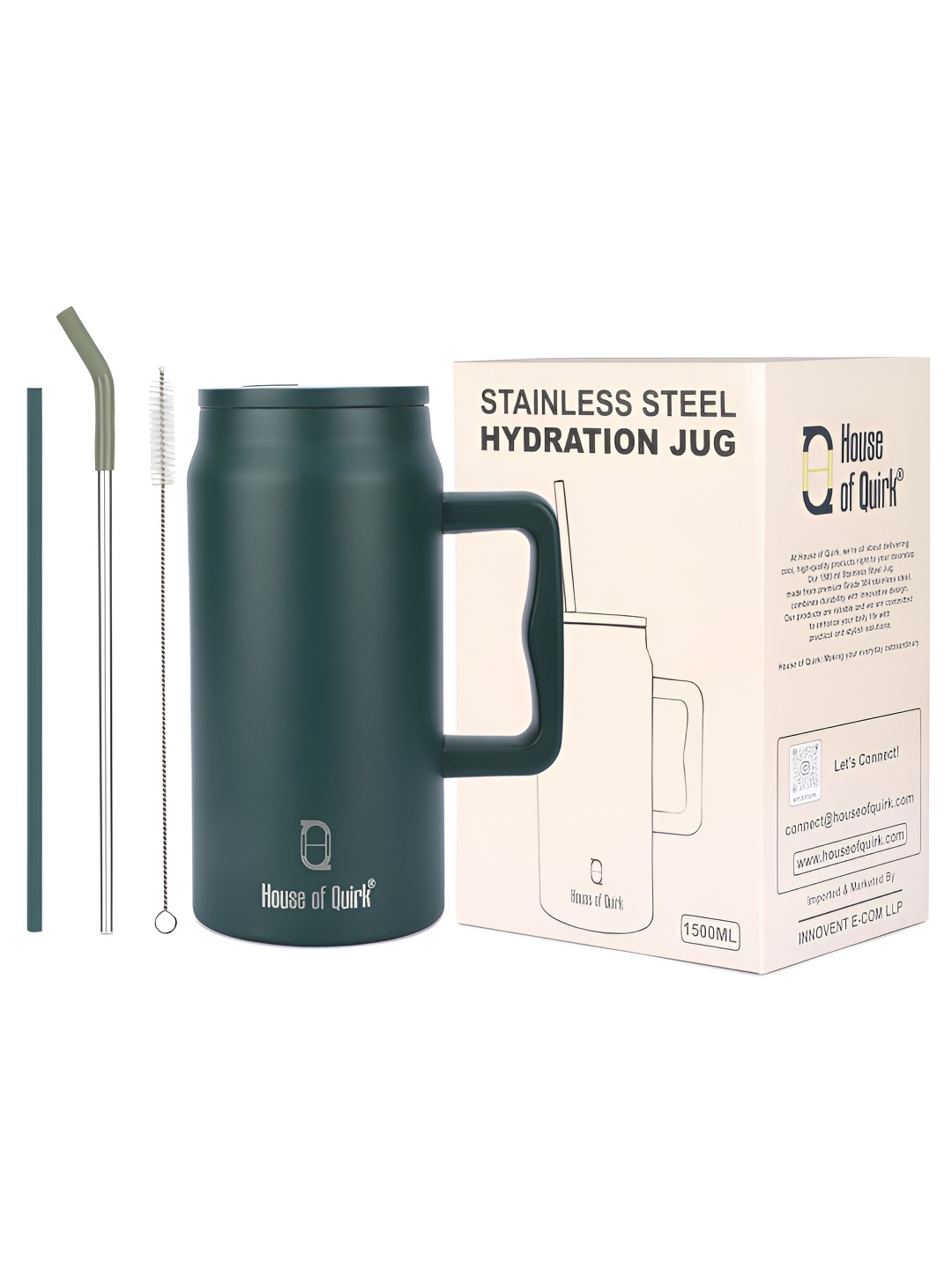 

HOUSE OF QUIRK Green Stainless Steel Mug Tumbler With Handle & 2 Straw Lid 1500ml
