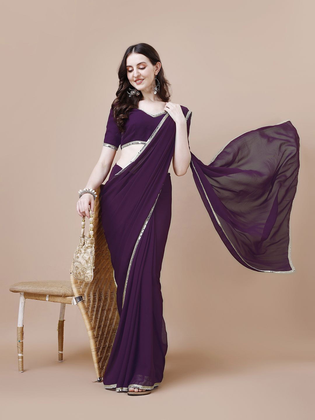

Rensa Embellished Mirror Work Pure Georgette Saree, Purple