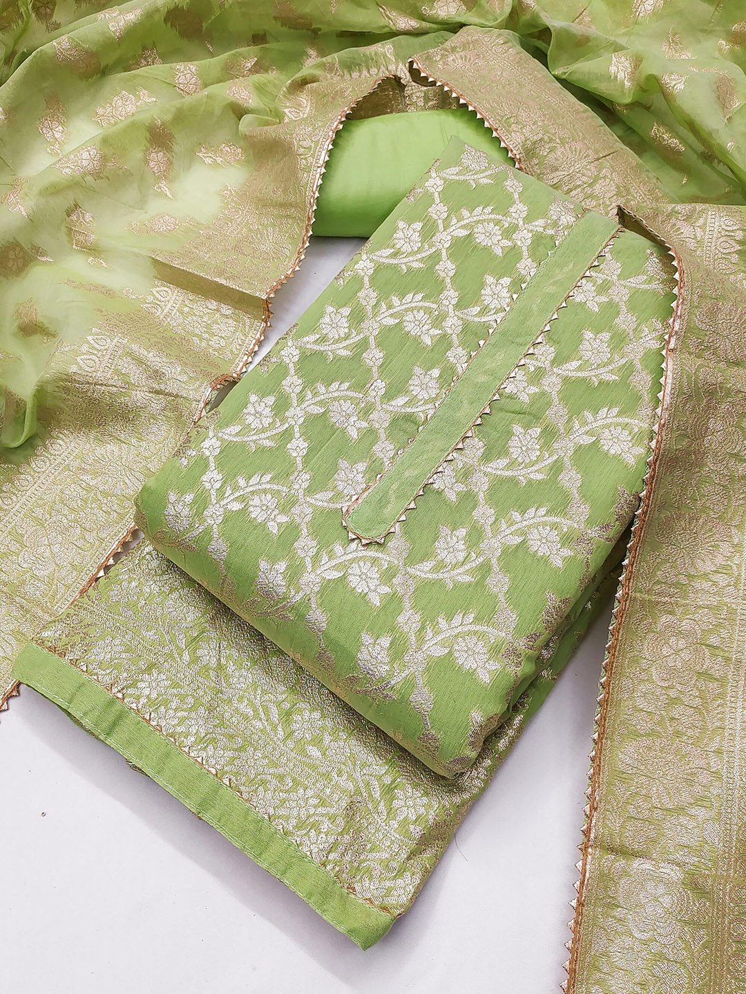 

Riti Ethnic Motifs Woven Design Gotta Patti Unstitched Dress Material, Green