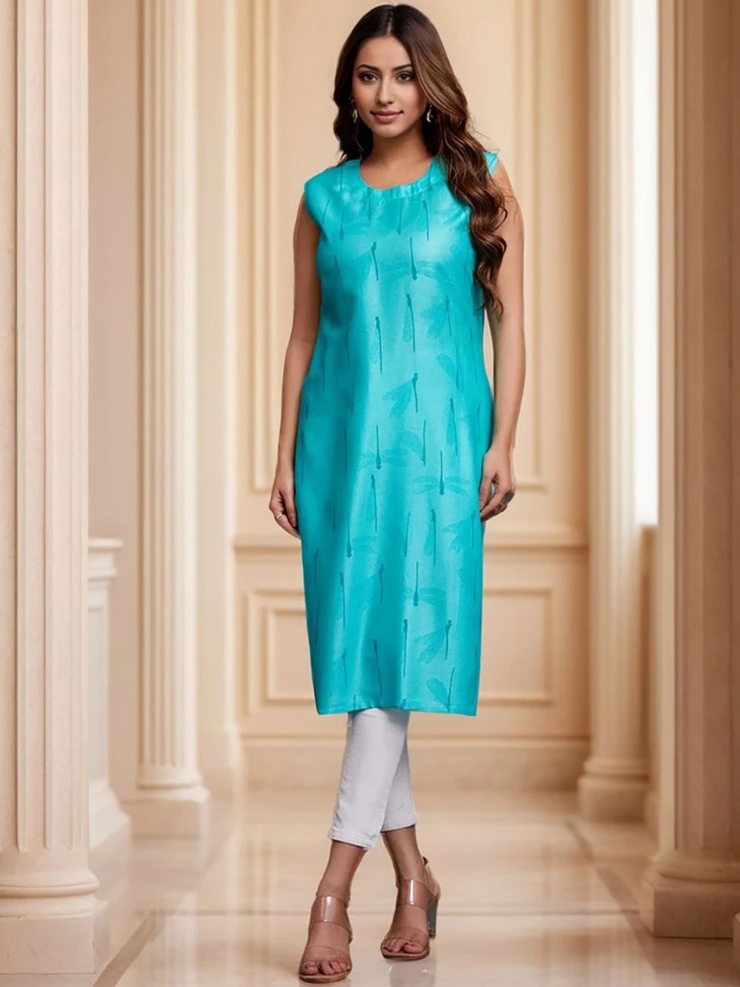 

KALINI Animal Printed Round Neck Straight Kurta, Blue