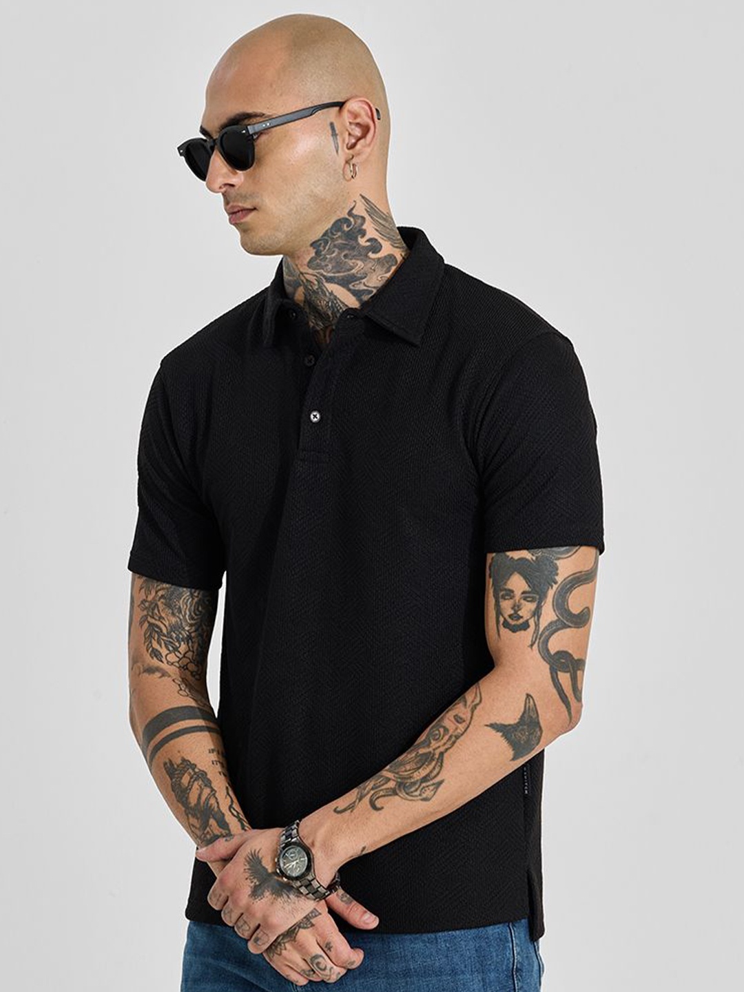 

Snitch Men Self Design Polo Collar Slim Fit T-shirt, Black