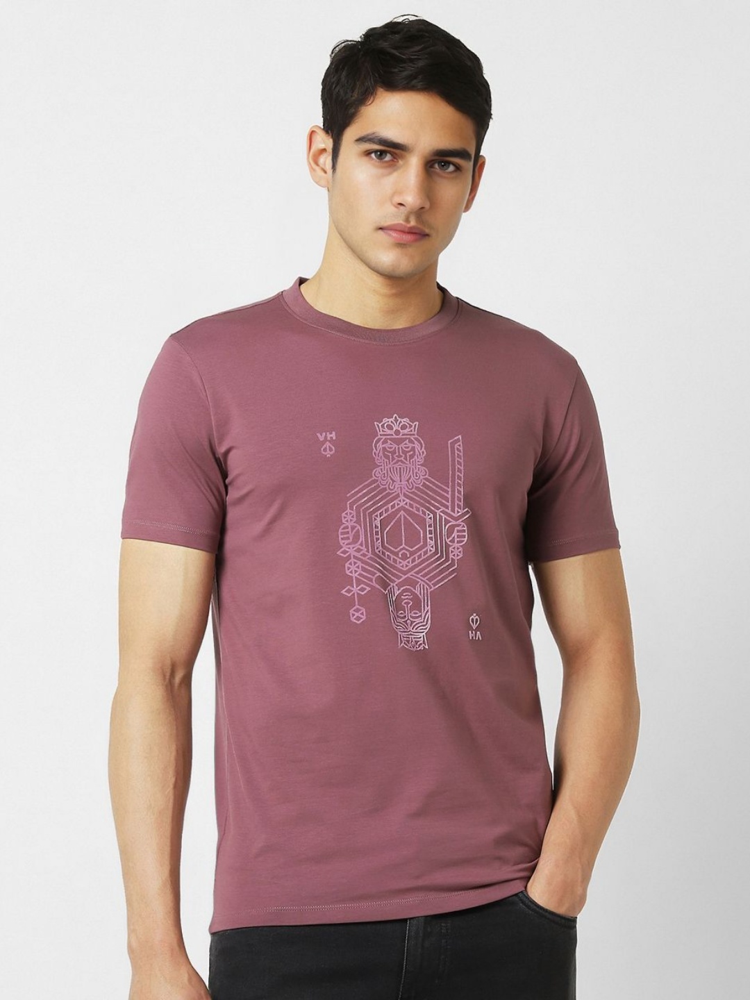 

V Dot Men Graphic Printed Round Neck Cotton T-shirt, Mauve