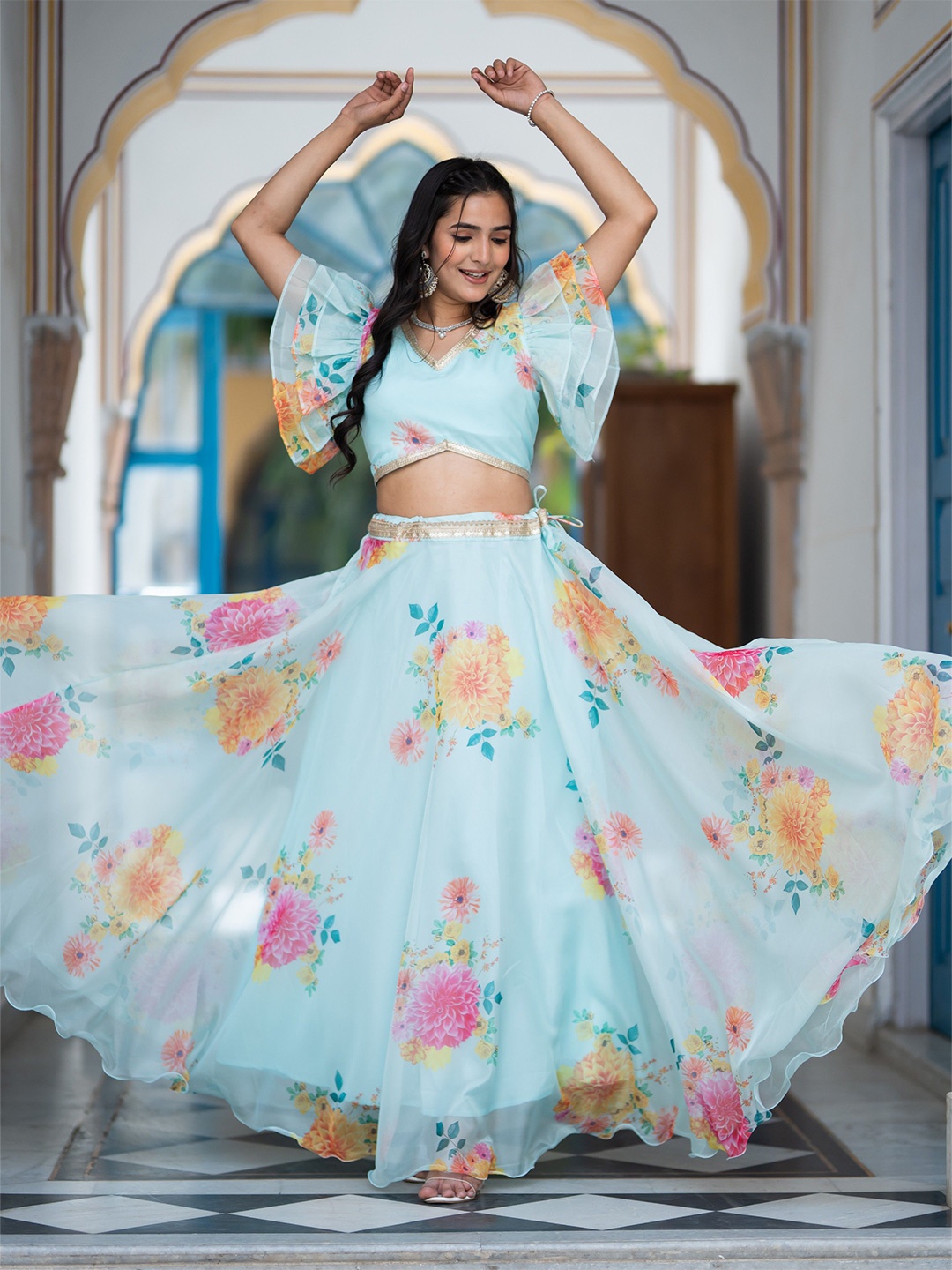 

TASRIKA Printed Organza Silk Semi-Stitched Lehenga & Unstitched Blouse, Blue