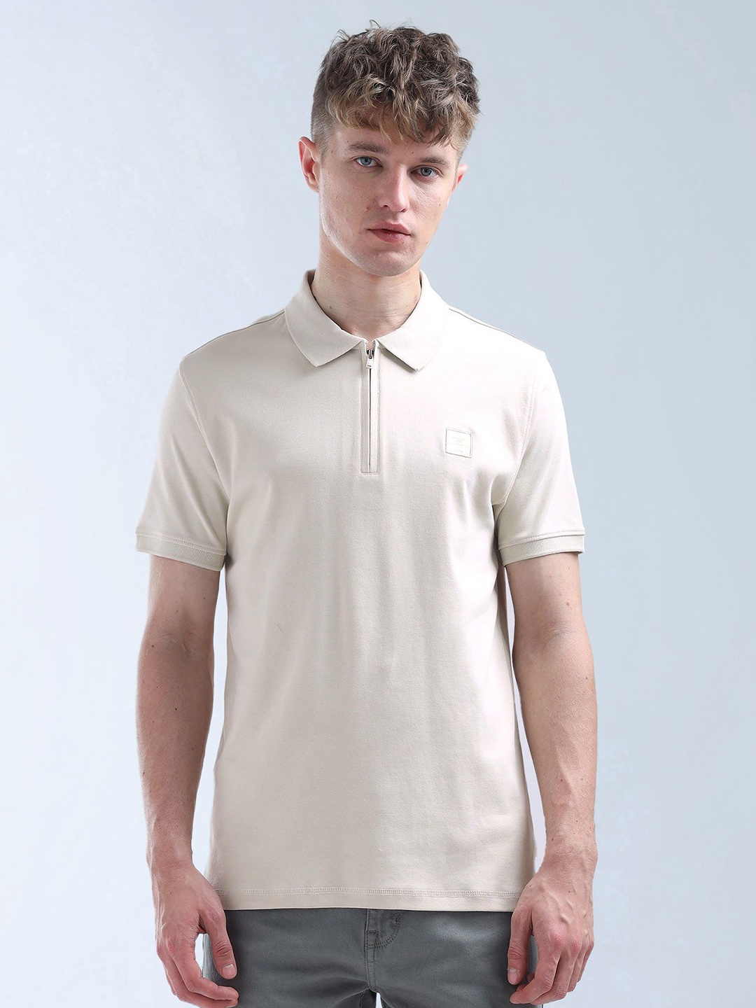 

Flying Machine Men Solid Polo Collar Cotton T-shirt, Beige