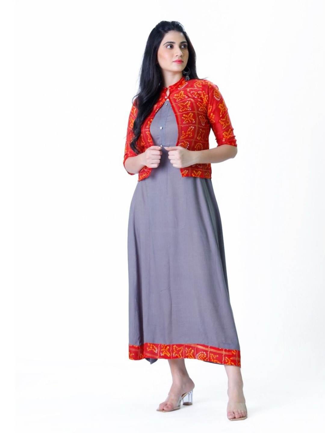 

Silselah Women A-Line Midi Ethnic Ready to Wear Dress, Grey