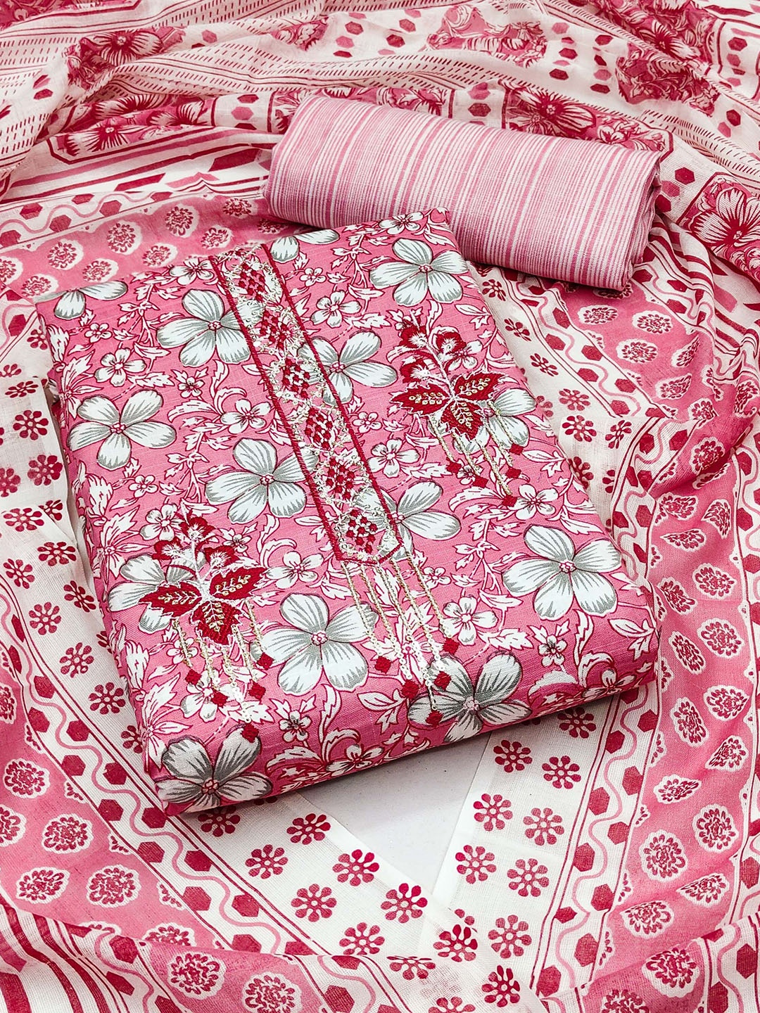 

SAINOOR Floral Printed Pure Cotton Unstitched Dress Material, Pink