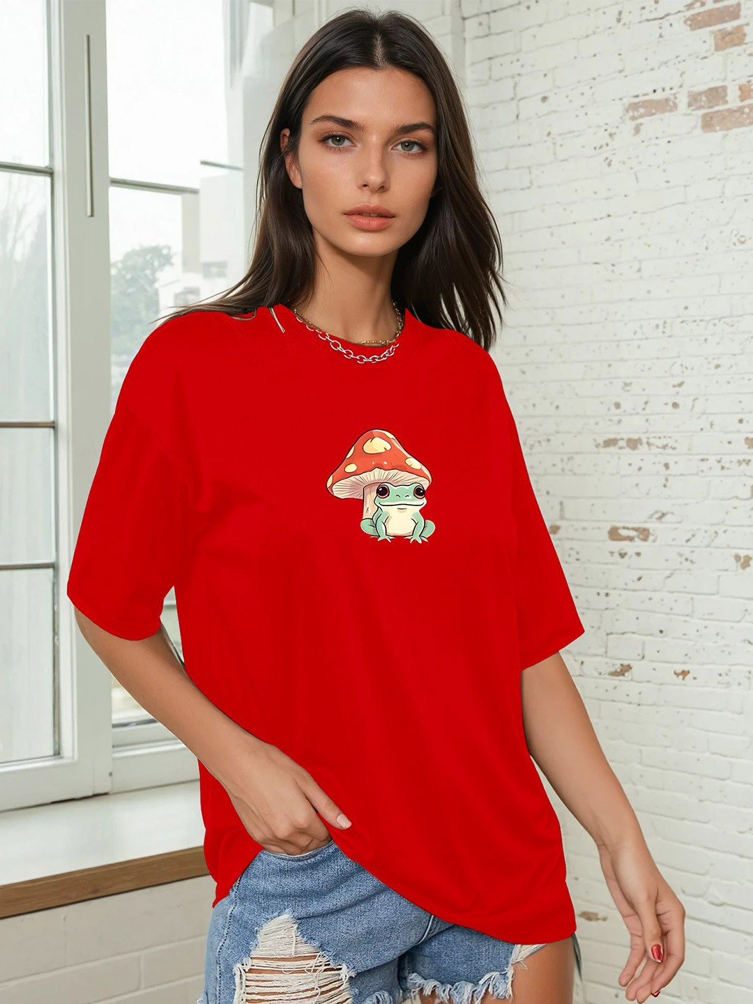 

The Roadster Lifestyle Co Mushroom Printed Relaxed Fit Short Sleeve T-Shirt, Red