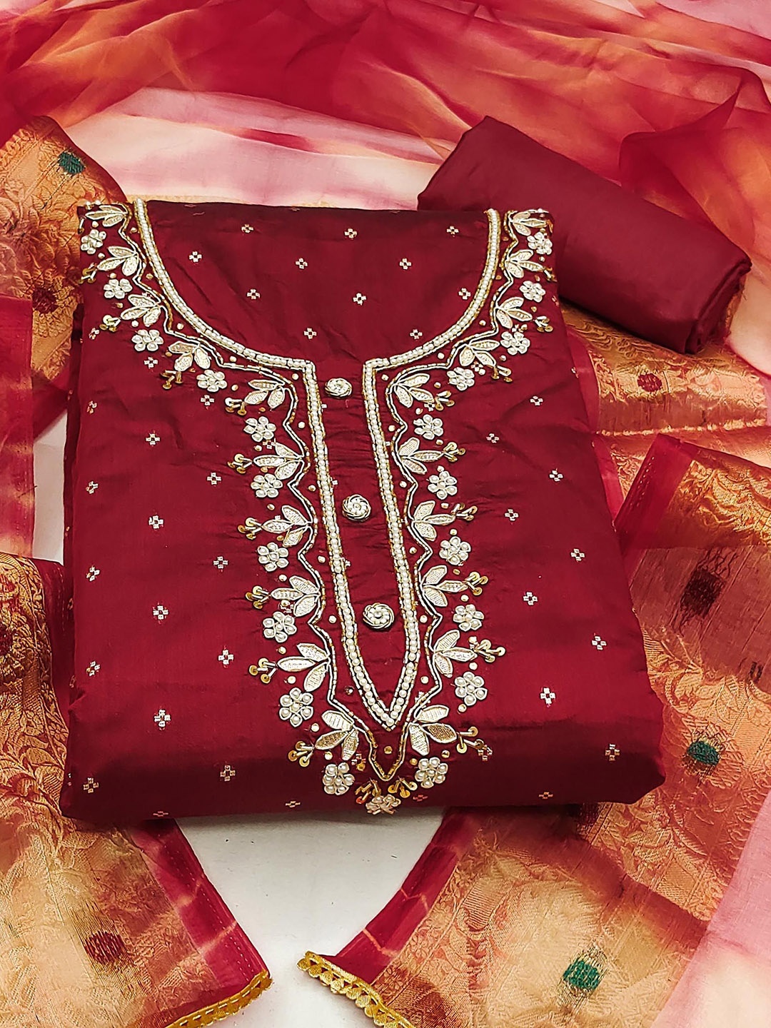 

SAINOOR Floral Woven Design Beads and Stones Unstitched Dress Material, Maroon