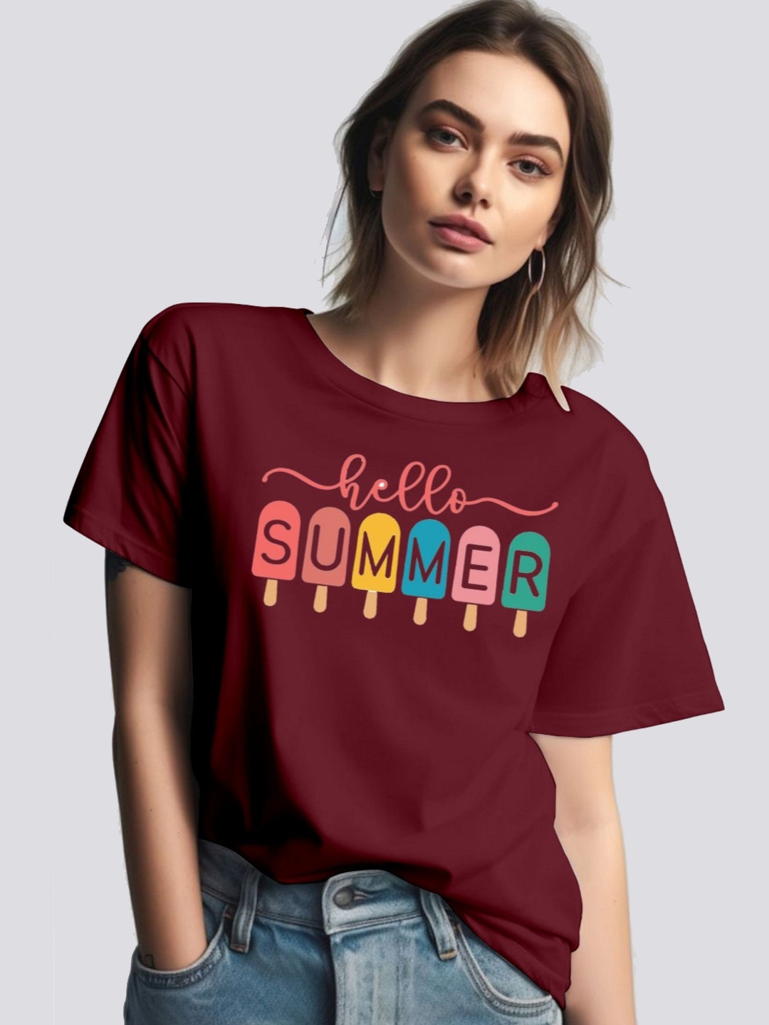 

Moda Rapido Women Printed Round Neck Tshirt, Maroon