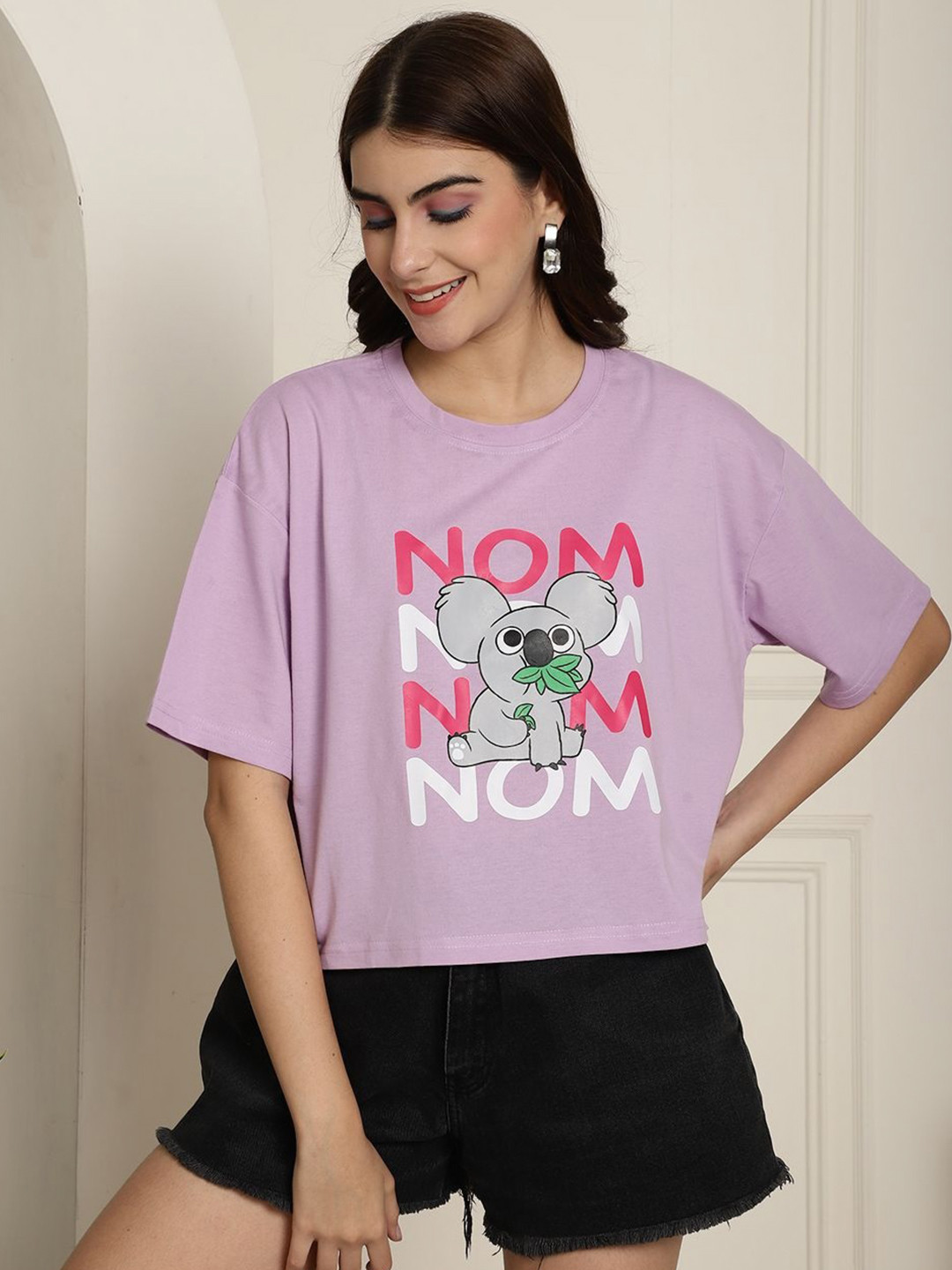 

Dreambe Women Boxy Fit Graphic Printed Round Neck Cotton T-shirt, Purple