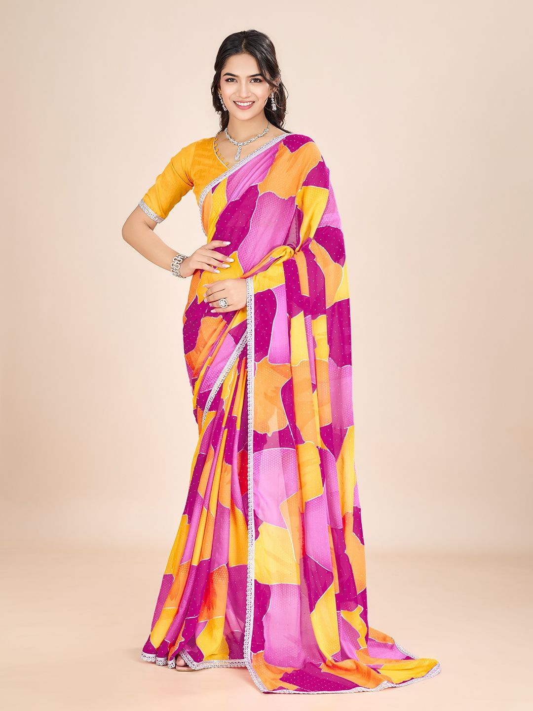 

Rhey Printed Beads and Stones Pure Georgette Saree, Purple