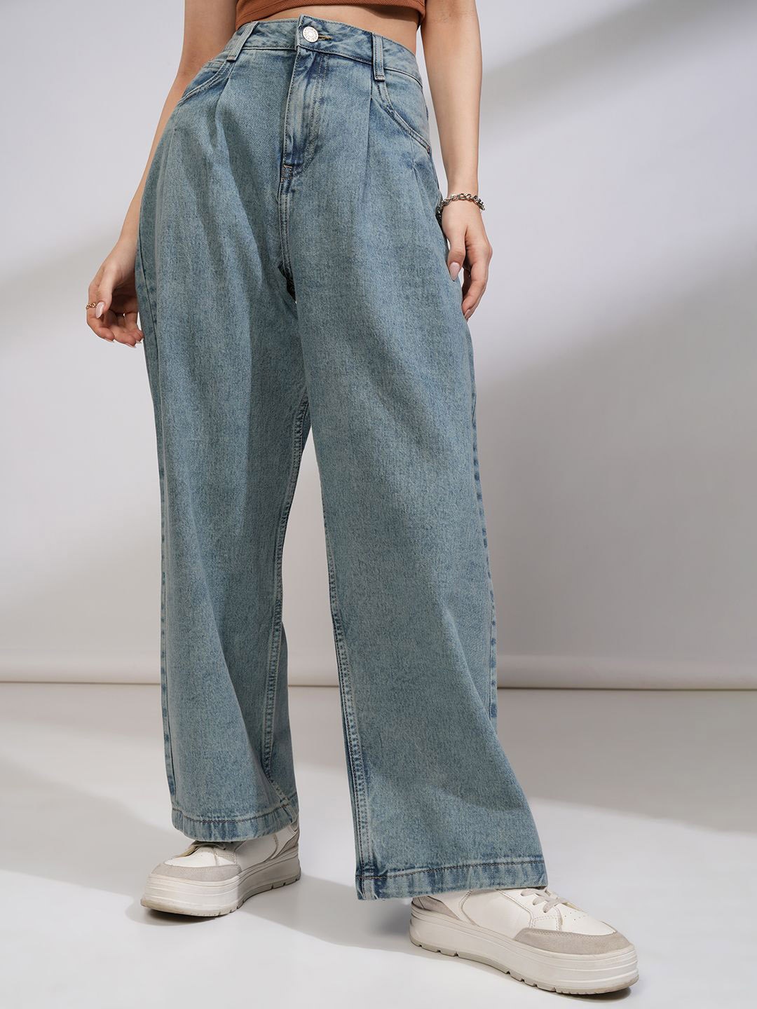

Tokyo Talkies Women High Rise Pleated Wideleg Jeans, Blue