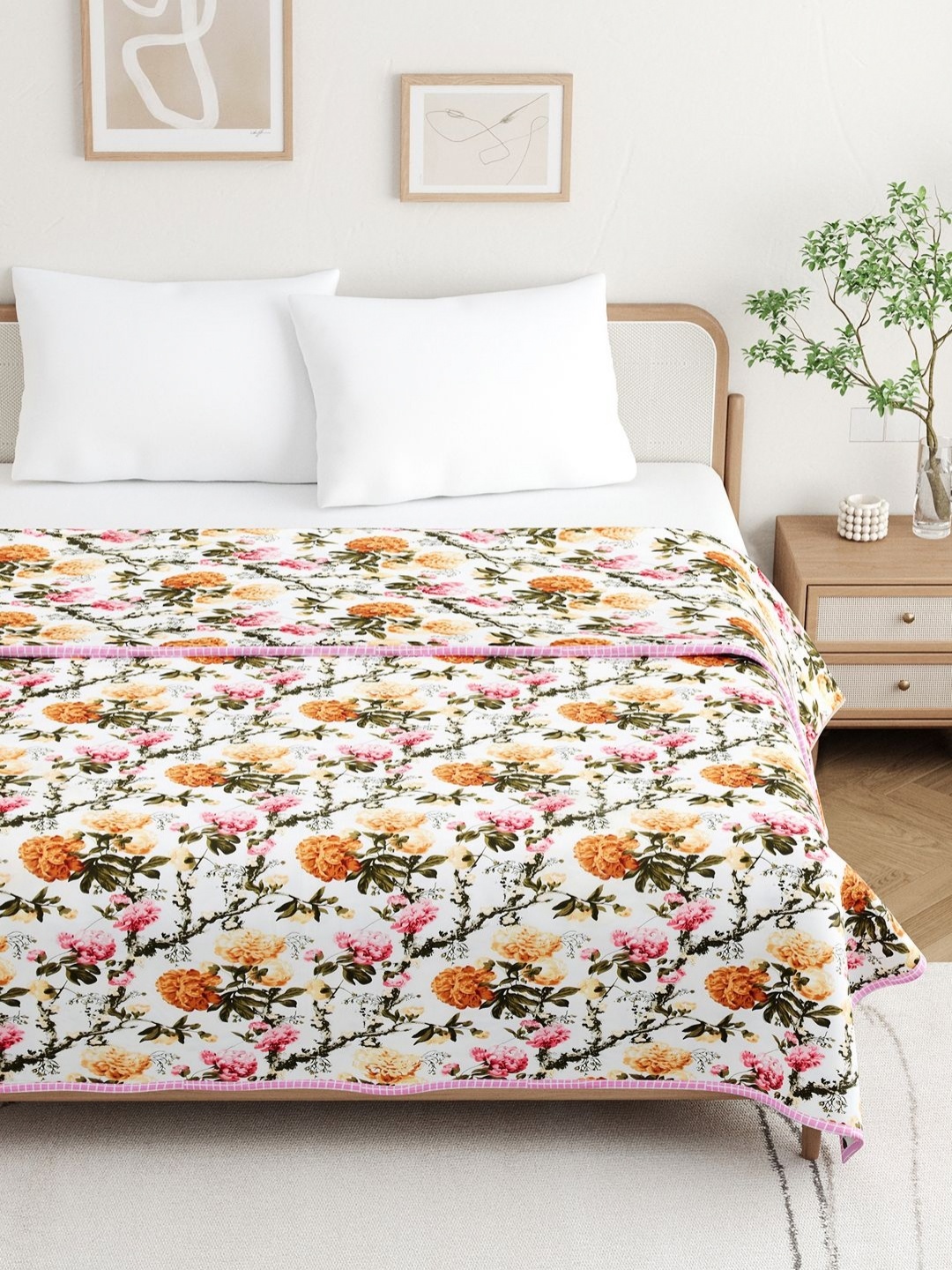 

BELLA CASA White & Pink Floral Printed Cotton 110 GSM AC Room Double Bed Dohar