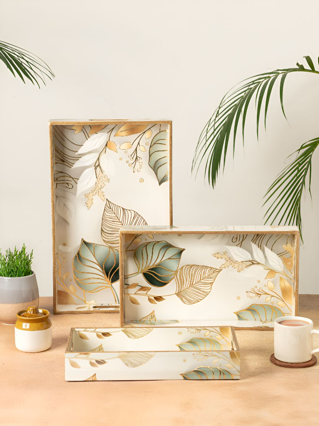 

HomeShastra White & Green 3 Pieces Leaf Printed Wooden Rectangle Serving Tray