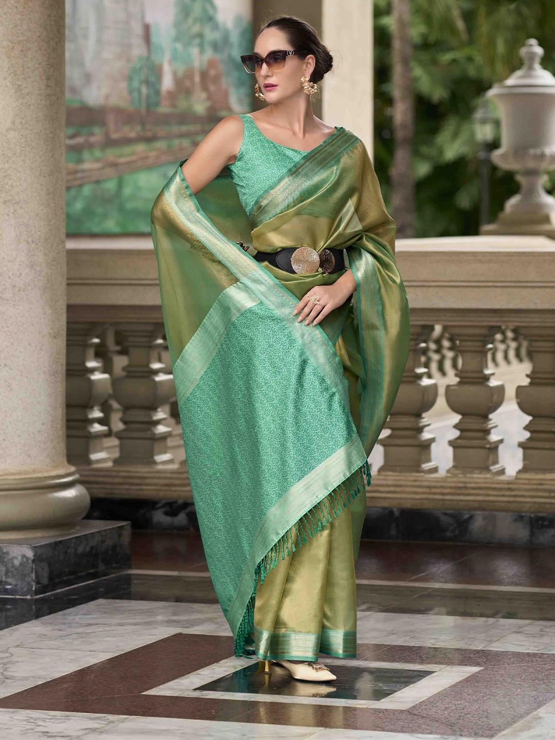 

Mitera Woven Design Zari Linen Blend Handloom Saree, Olive