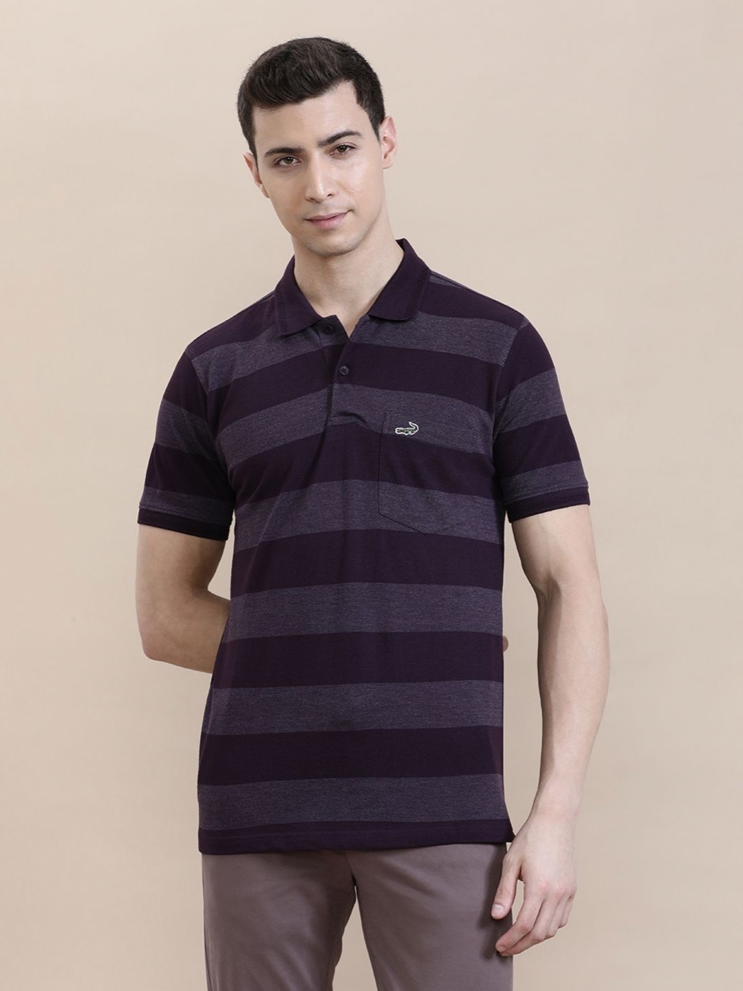 

Crocodile Men Core Stripe Slim Fit Polo T-shirt, Brown