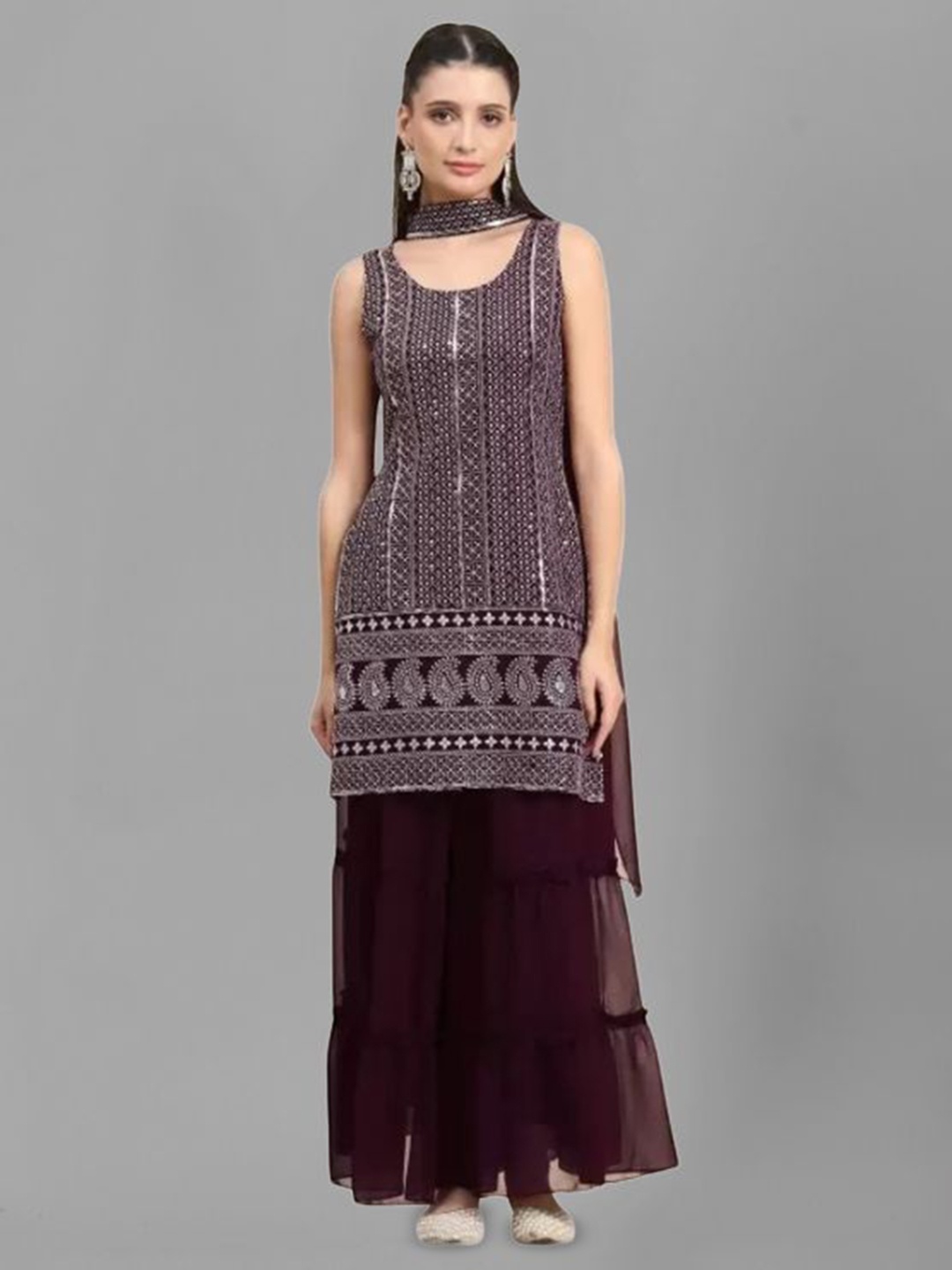 

PARROT CREATION Women Embroidered Regular Sequinned Kurti with Sharara & With Dupatta, Maroon